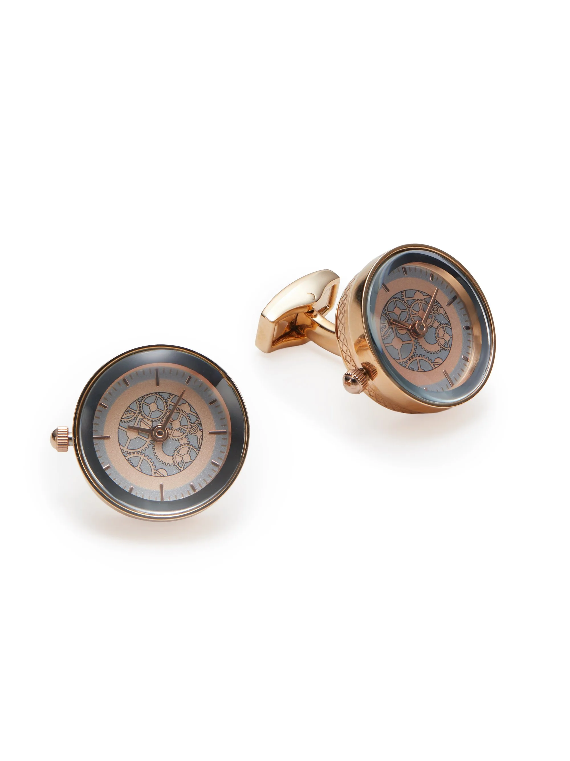 Close-up of two rose gold wristwatches with visible inner mechanisms, placed on a white background.