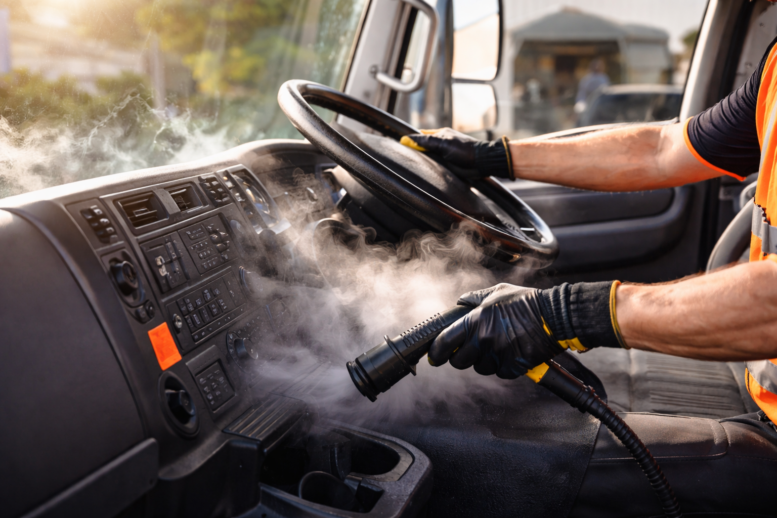 A person cleaning the interior of a truck's dashboard with a steam cleaner, wearing black gloves and an orange safety vest.