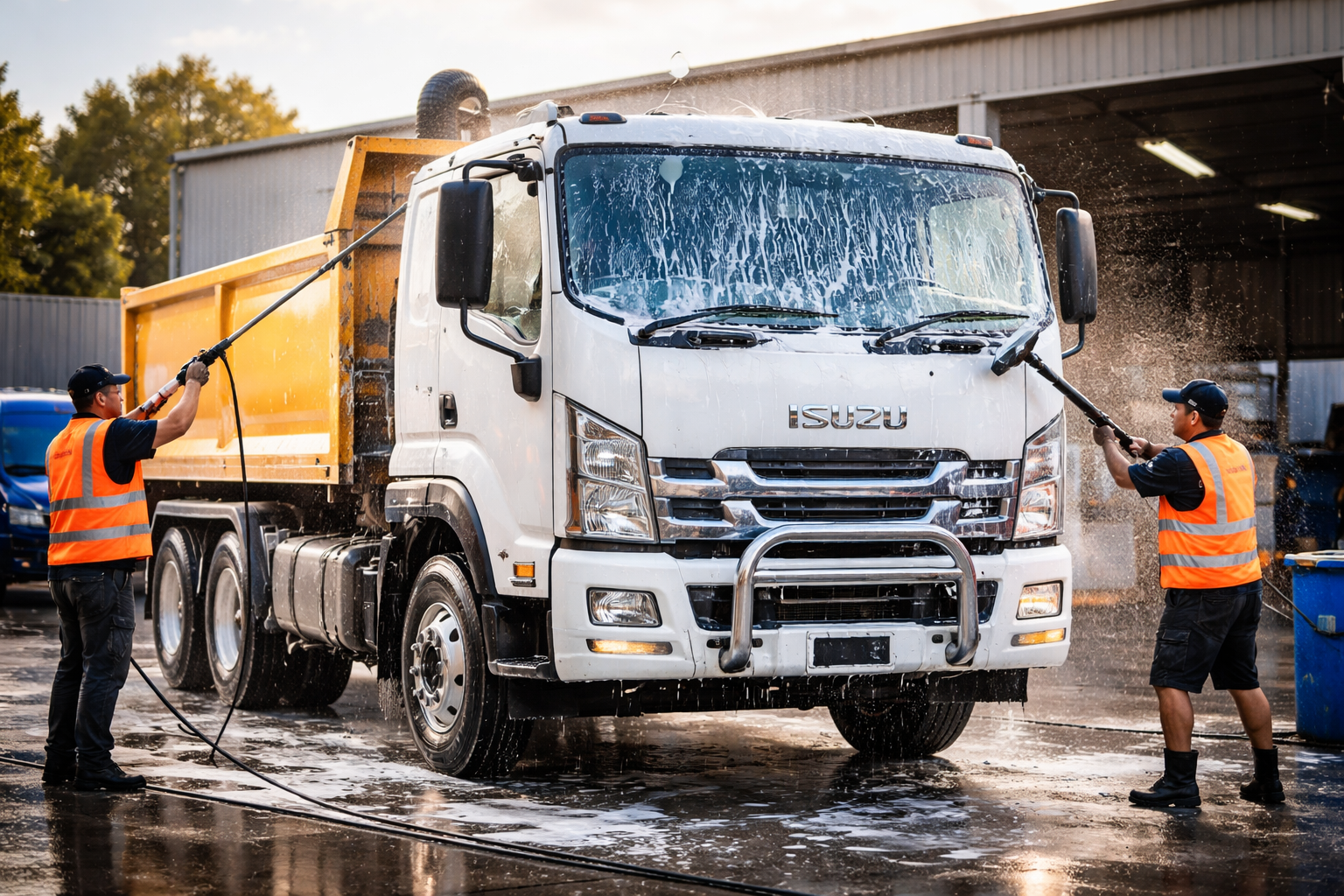 Two workers in orange vests and black shirts washing a white and yellow Isuzu dump truck with high-pressure hoses at a car wash facility, with water splashing and foam on the truck's surface.