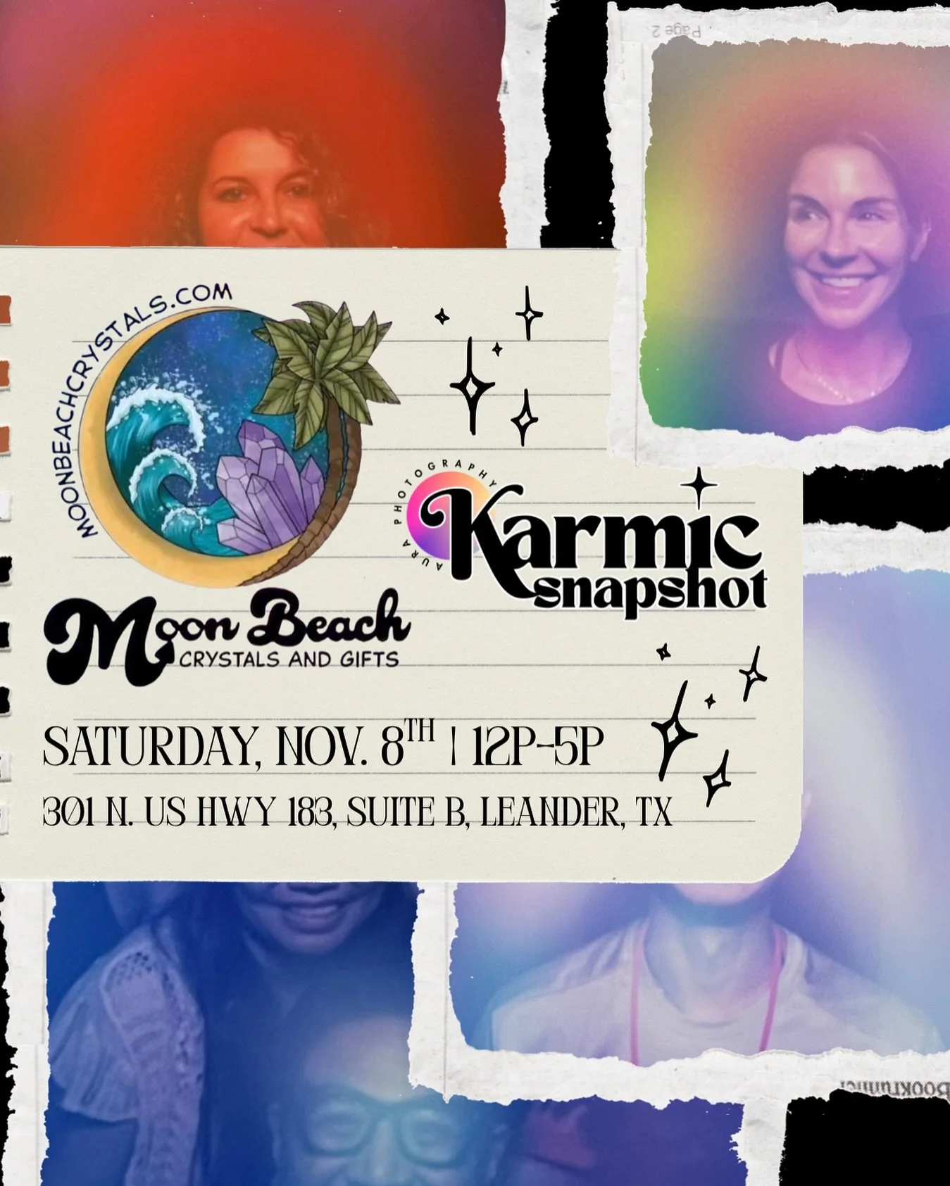 We&rsquo;re bringing the color to Leander! ✨ 

Join Karmic Snapshot this Saturday, Nov. 8th from 12&ndash;5 PM at Moon Beach Crystals &amp; Gifts for a day of aura photography, good vibes, and radiant energy. 

📍301 N. US Hwy 183, Suite B, Leander, 