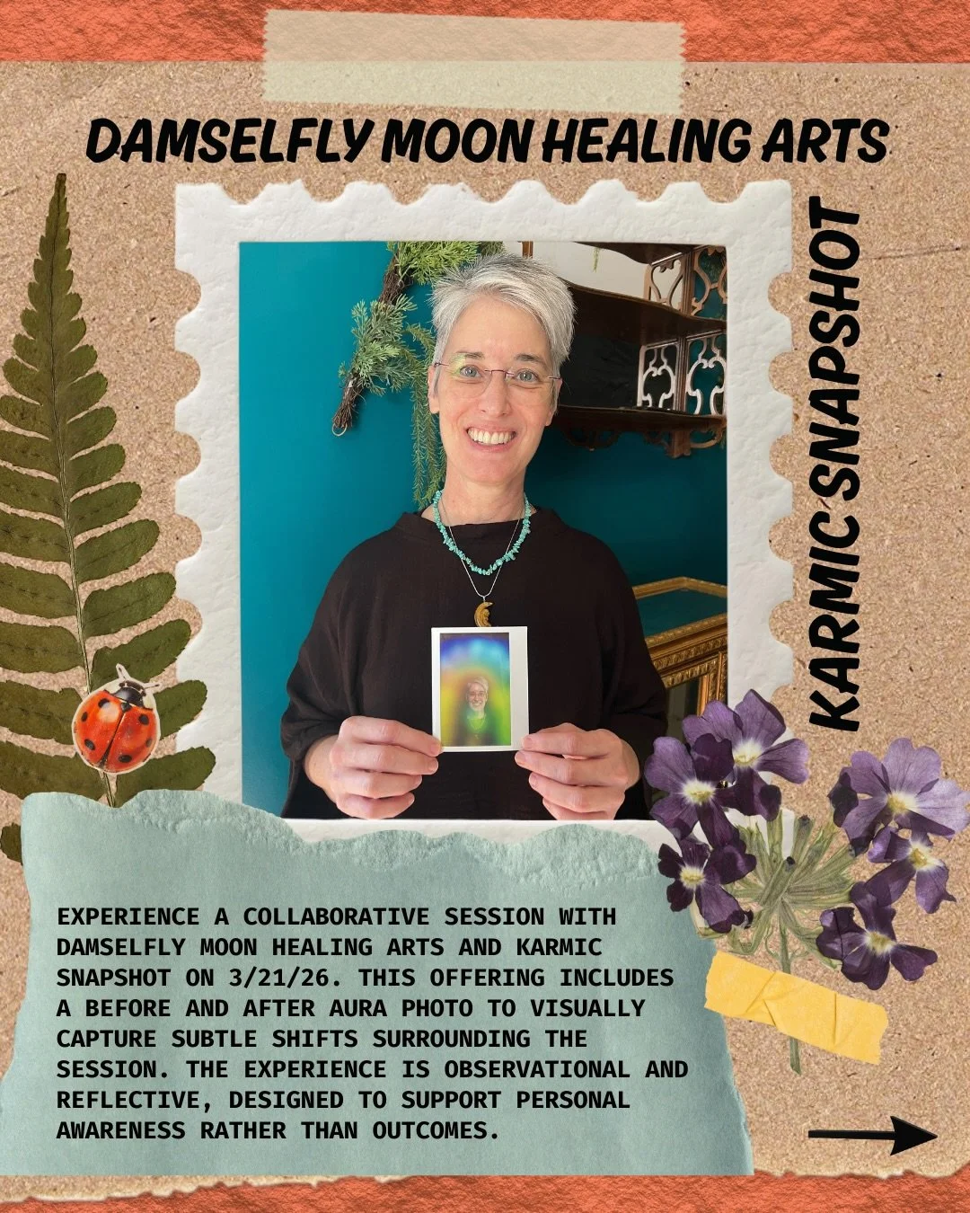 Spring is a natural time to pause and check in. 

This collaborative session with DamselFly Moon Healing Arts includes a before-and-after aura photo paired with a pranic healing session, offering a visual moment of reflection as the season shifts.

?