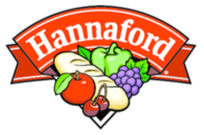 Hannaford logo featuring a red banner with the word 'Hannaford' and illustrations of an apple, banana, green pepper, grapes, and cherries.