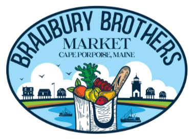 Logo for Bradbury Brothers Market in Cape Porpoise, Maine, featuring a bag of groceries with vegetables and bread, with a coastal town and lighthouse in the background.