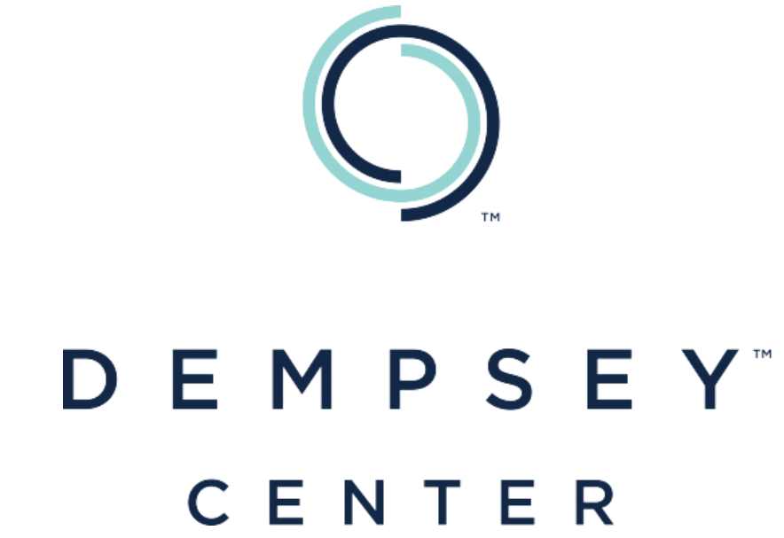 'The Dempsey Center' logo features a circle at the top comprised of two intertwined arc shapes that form a continuous, soft ring in muted blues and below is the organization name in navy blue. 