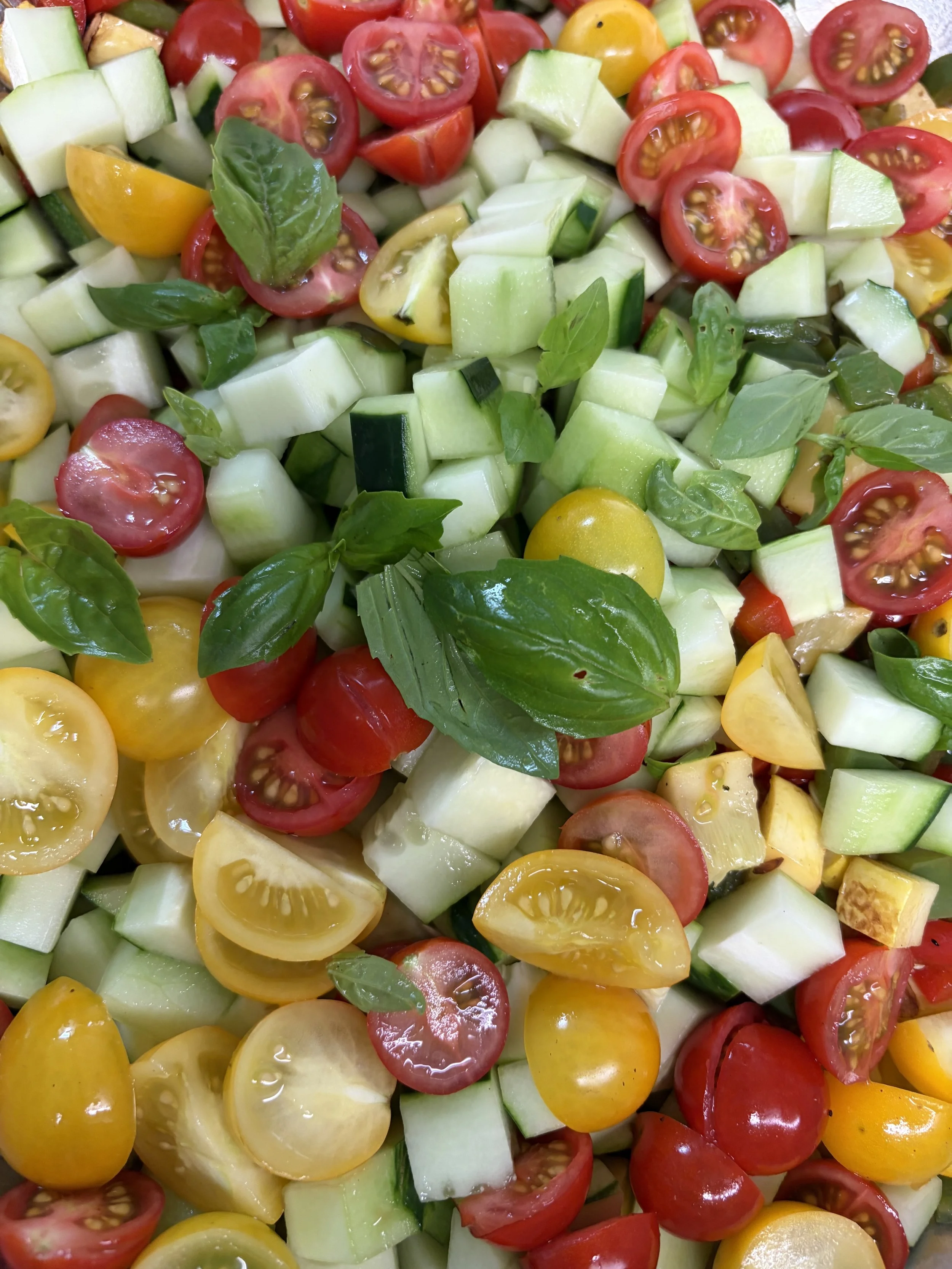 Close up of garden panzanella salad showing chopped cucumber, tomato, zucchini, nasturtium, basil, and mozzarella