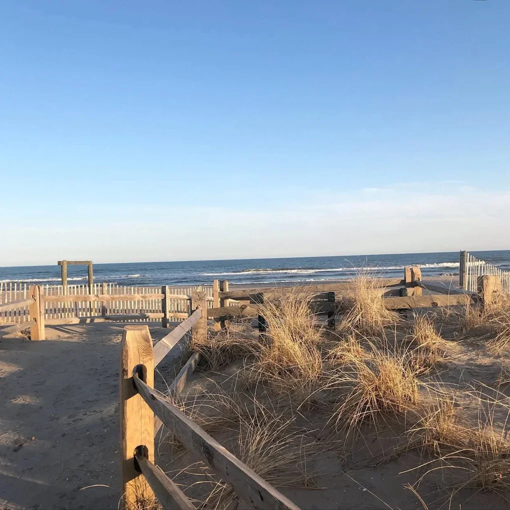 Beach with sand dunes, wooden fencing, and the ocean under a clear blue sky.