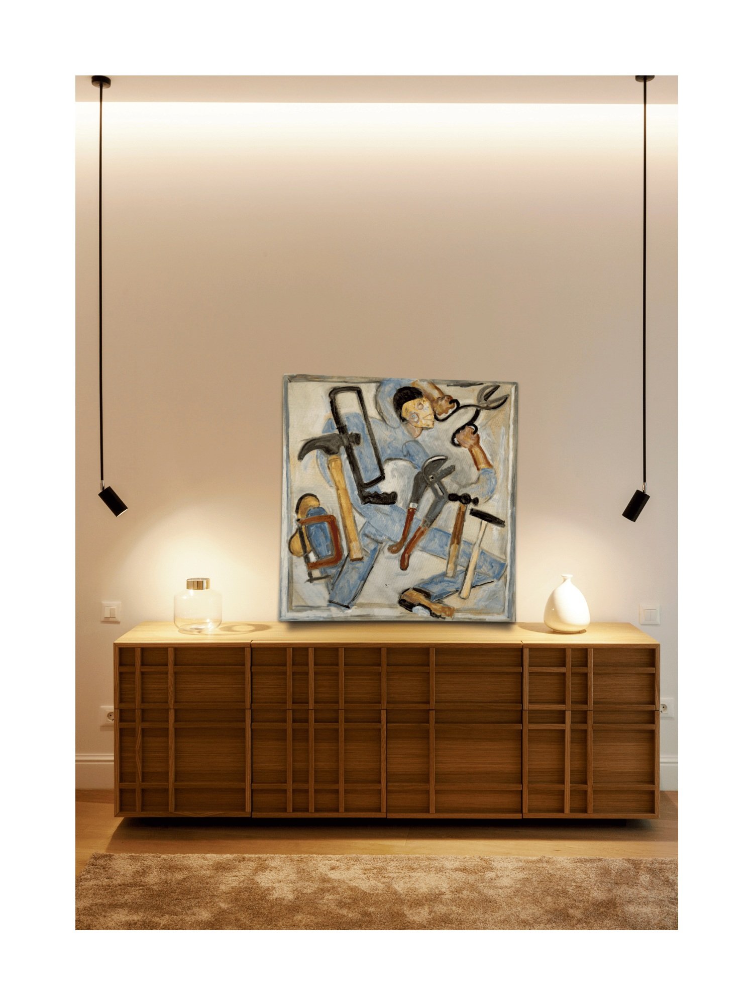 Marvin Wolberg 1950s Oil Painting | Man Working with Tools | Studio TMS Chicago