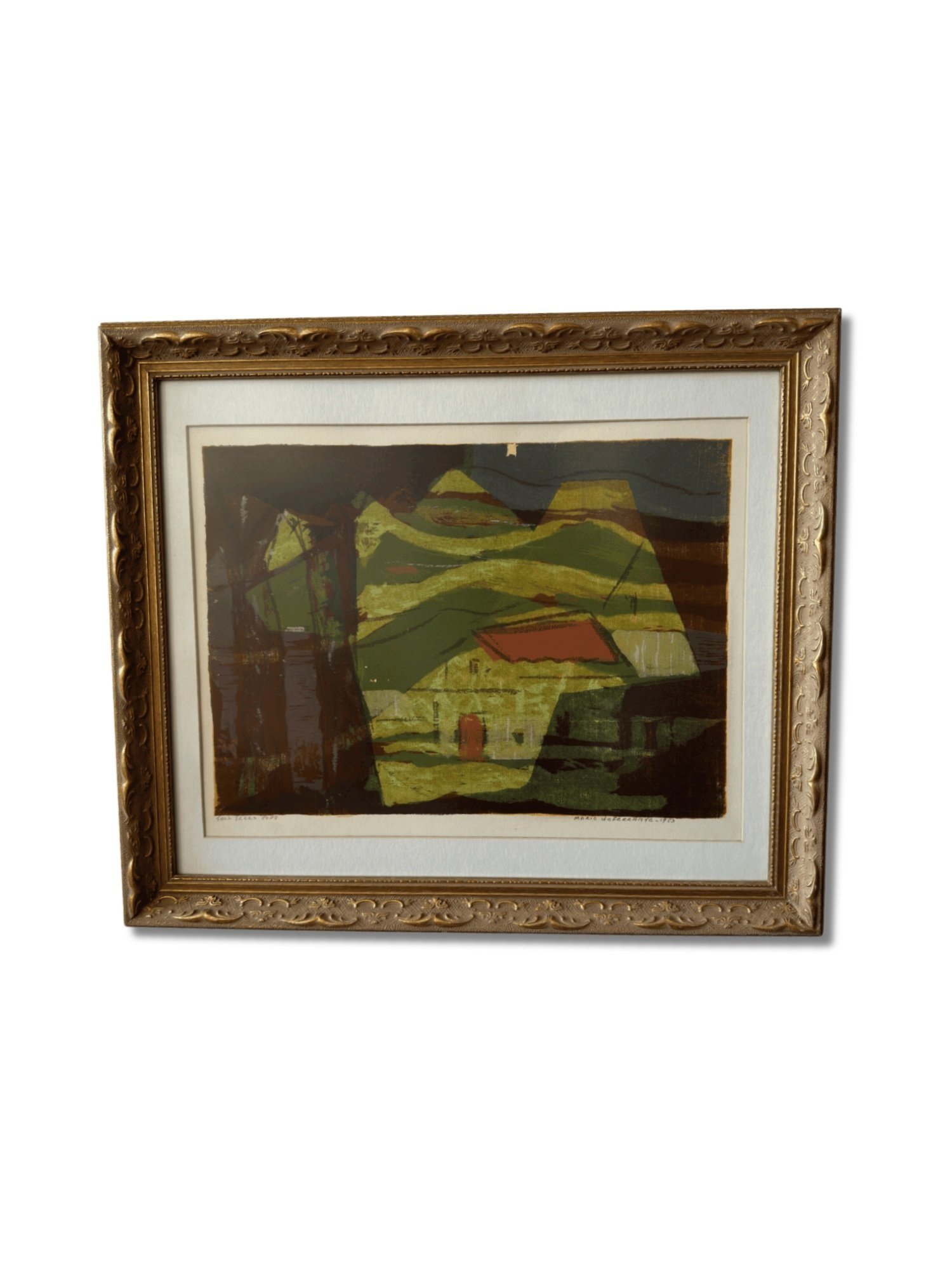 Mid-century modern serigraph by Mario de Ferrante at Studio TMS Chicago. Geometric forms and vibrant colors. Framed artwork of mid-century modern design.
