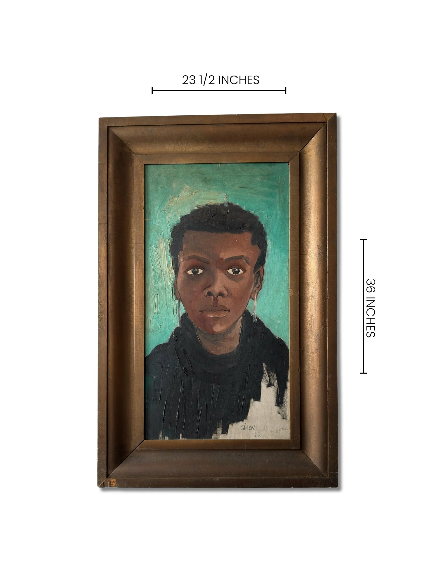 Gihon Jones’ 1966 oil painting at Studio TMS Chicago features a young Black woman with bold, expressive eyes. Signed and textured, this striking portrait is a timeless addition to any collection.