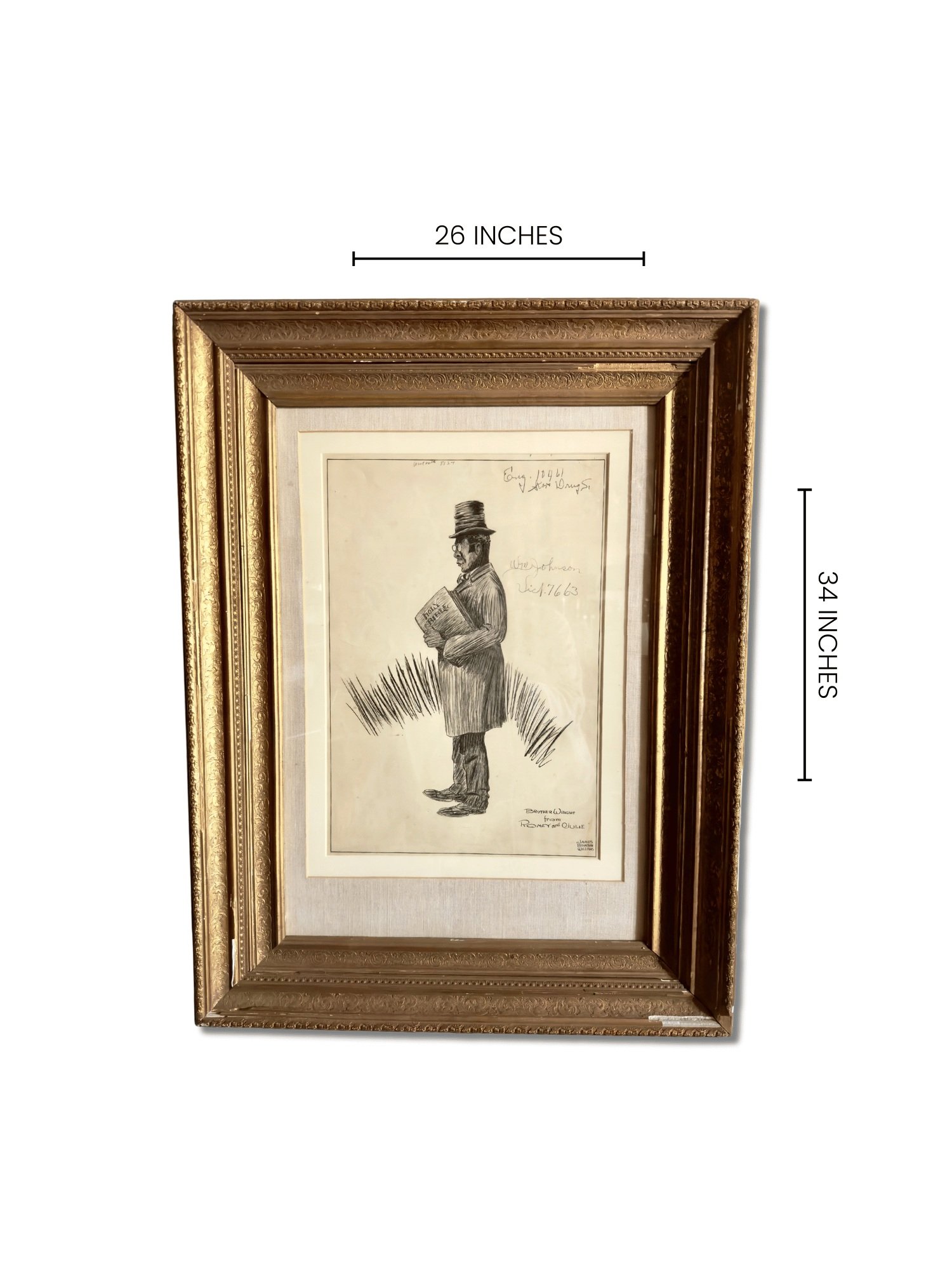 Studio TMS offers "Brother Wright," a pen and ink drawing by James Bourbon Williams of a Black preacher holding the Holy Bible. Antique gilt frame enhances its timeless appeal. Perfect for collectors.