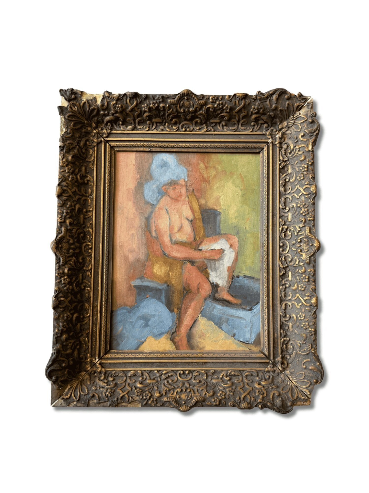 Admire the serene 'Oil Painting of a Nude Woman' at Studio TMS. An unknown artist's work, it skillfully depicts gentle curves and grace. Elegantly framed in gilt.