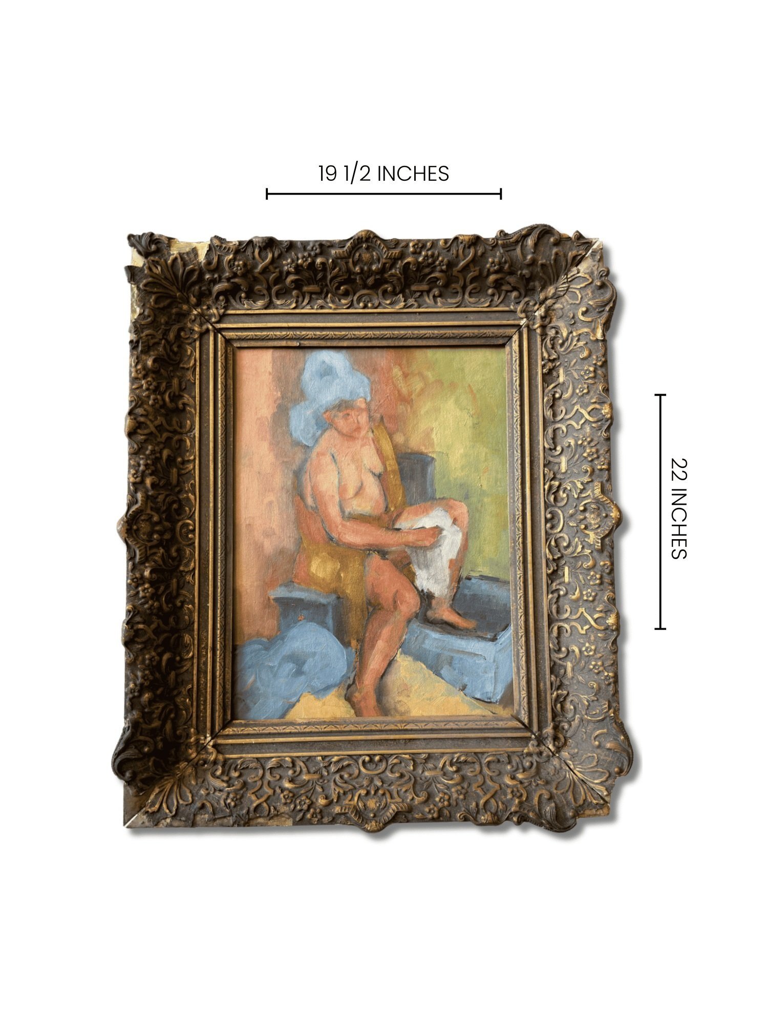 Admire the serene 'Oil Painting of a Nude Woman' at Studio TMS. An unknown artist's work, it skillfully depicts gentle curves and grace. Elegantly framed in gilt.
