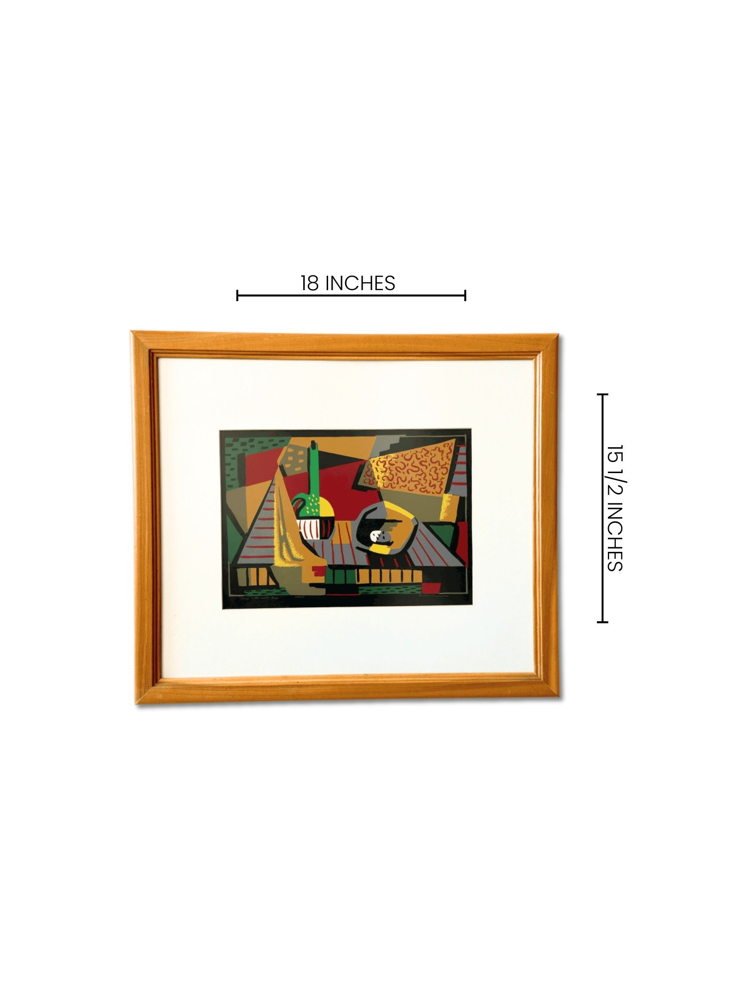 Mid-century modern serigraph by Mario de Ferrante at Studio TMS Chicago. Geometric forms and vibrant colors create a striking, framed artwork for collectors of mid-century design.