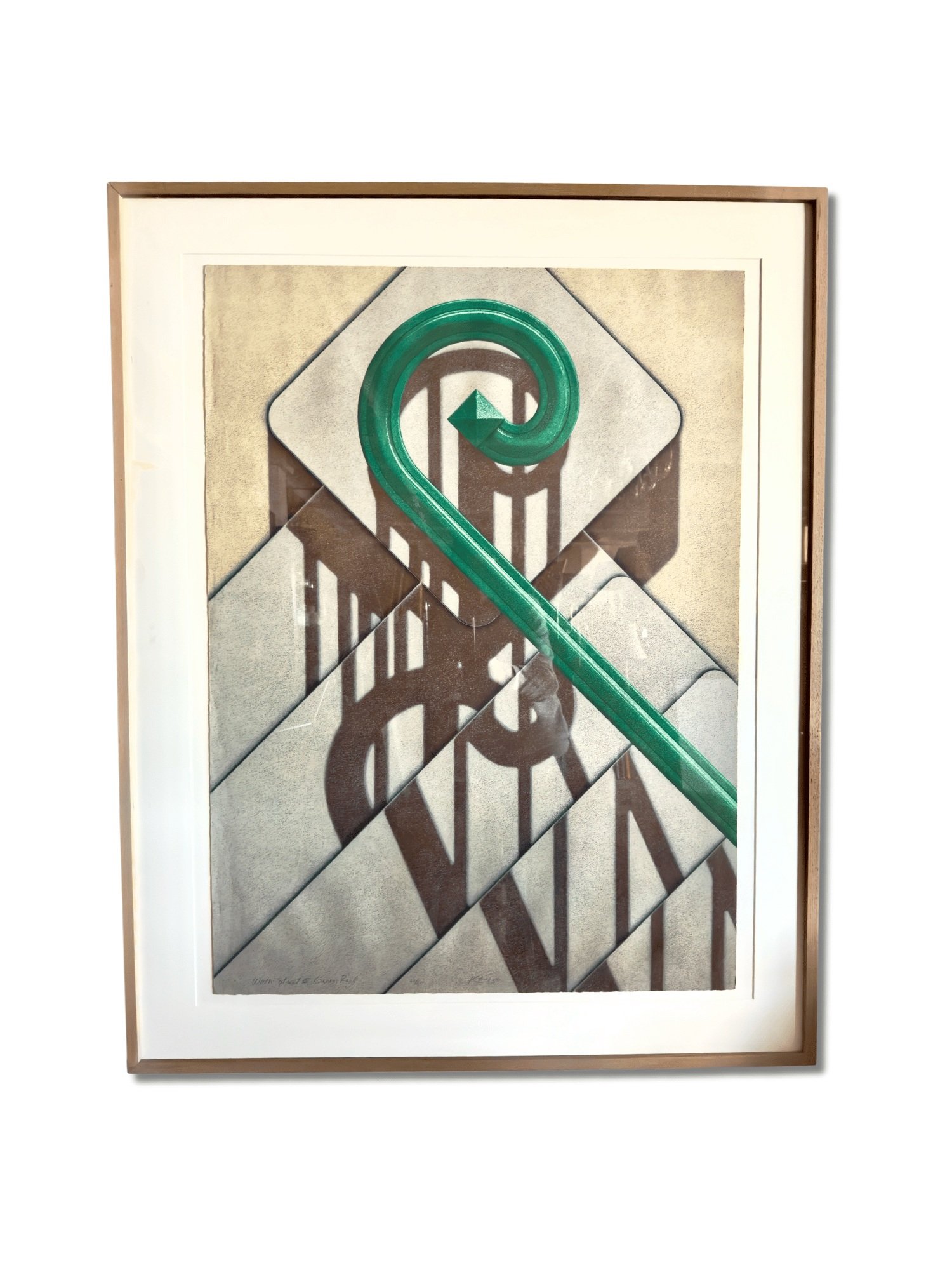 Original limited edition silkscreen print (#27/60) "W 11th Street 2 Green Rail" by Hugh Kepets, 1983. Museum-quality frame, available now at Studio TMS