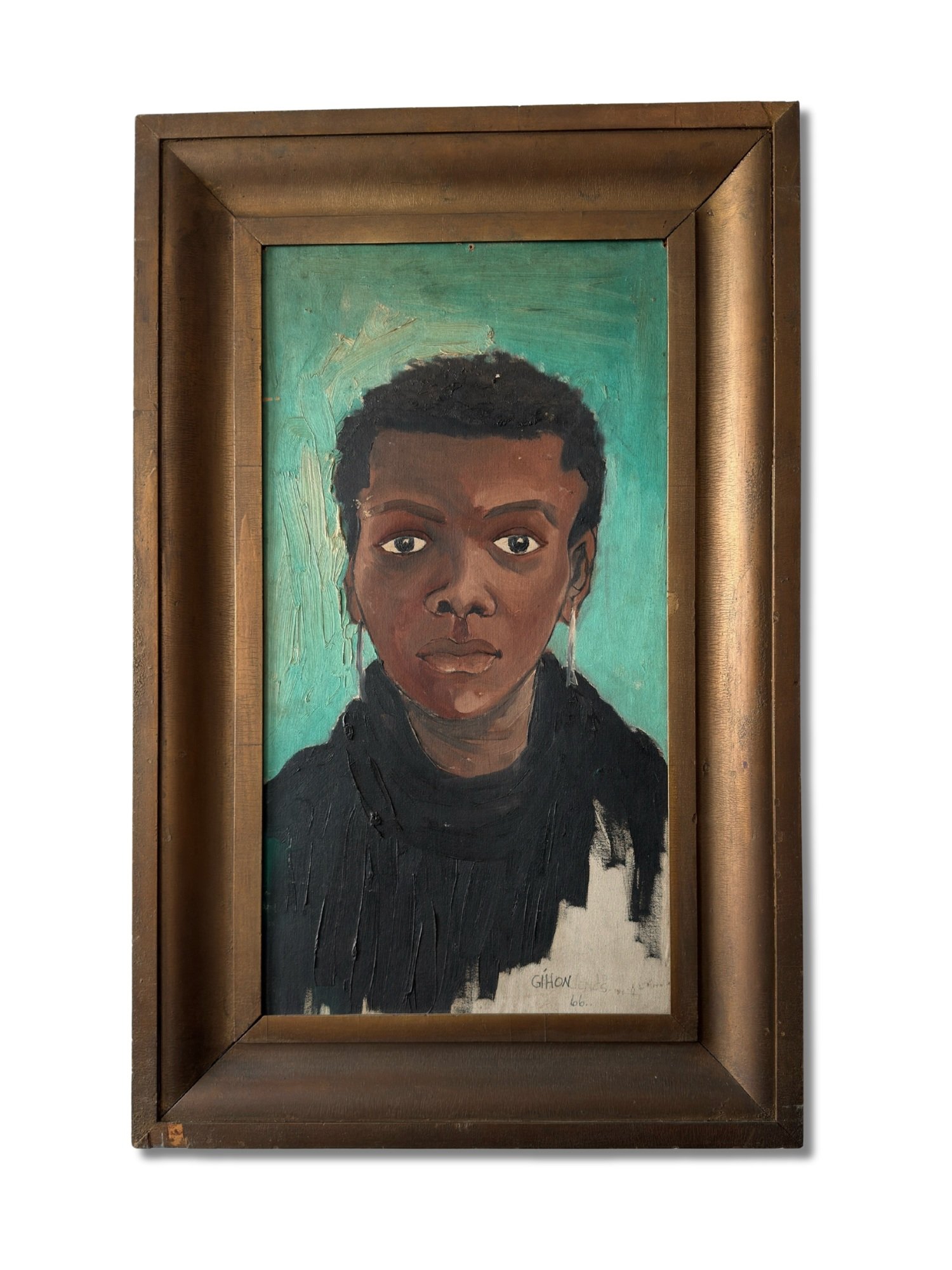 Gihon Jones’ 1966 oil painting at Studio TMS Chicago features a young Black woman with bold, expressive eyes. Signed and textured, this striking portrait is a timeless addition to any collection.