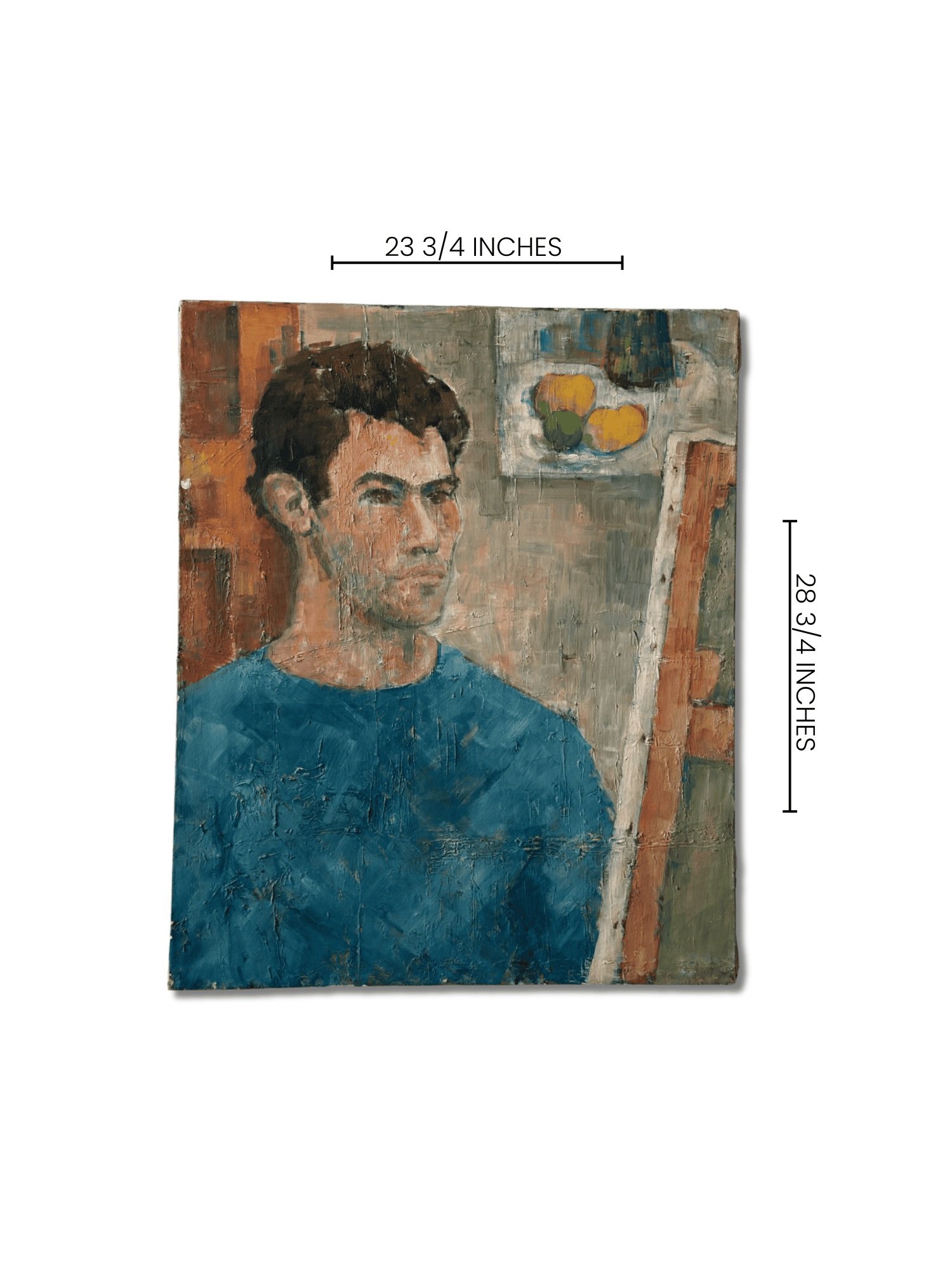 1950s oil on canvas "Portrait of a Young Man" at Studio TMS in Chicago. Featuring a young man by an easel with vintage textures, it’s a timeless mid-century piece.