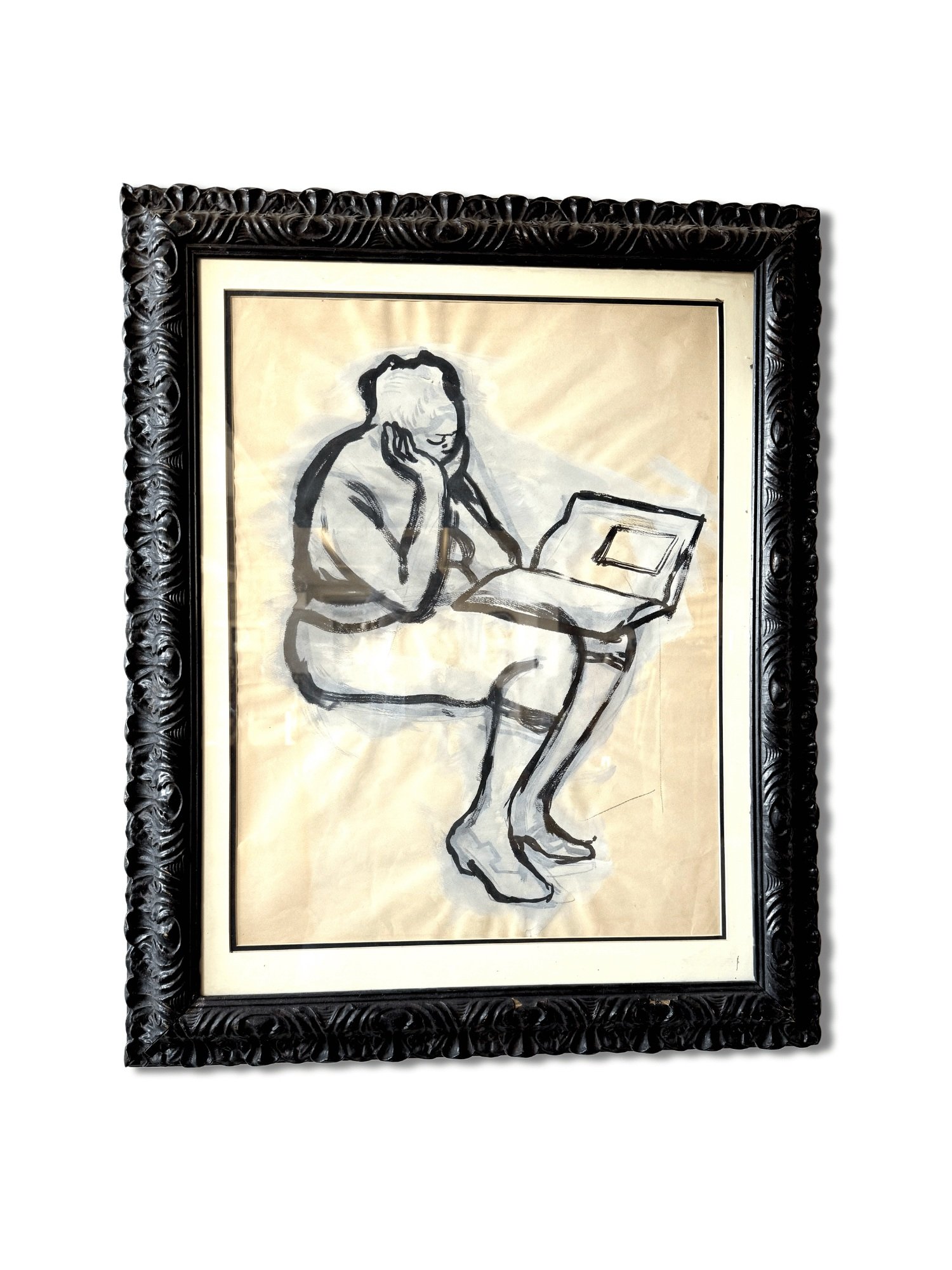 Marvin Wolberg’s 1950s gouache painting at Studio TMS Chicago portrays a serene moment of an African American woman reading. Framed and intimate, it’s a must-have for collectors of mid-century art.