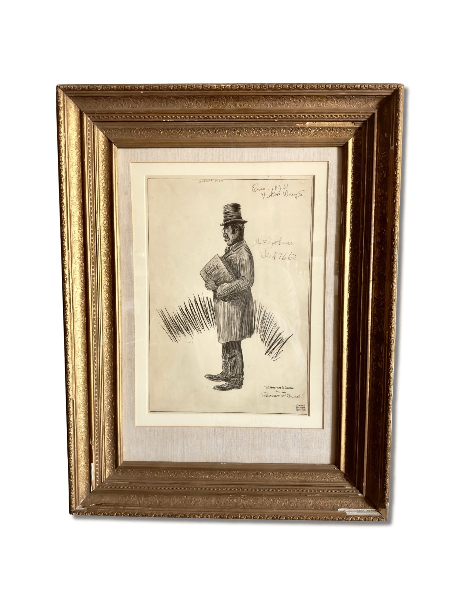 Studio TMS offers "Brother Wright," a pen and ink drawing by James Bourbon Williams of a Black preacher holding the Holy Bible. Antique gilt frame enhances its timeless appeal. Perfect for collectors.