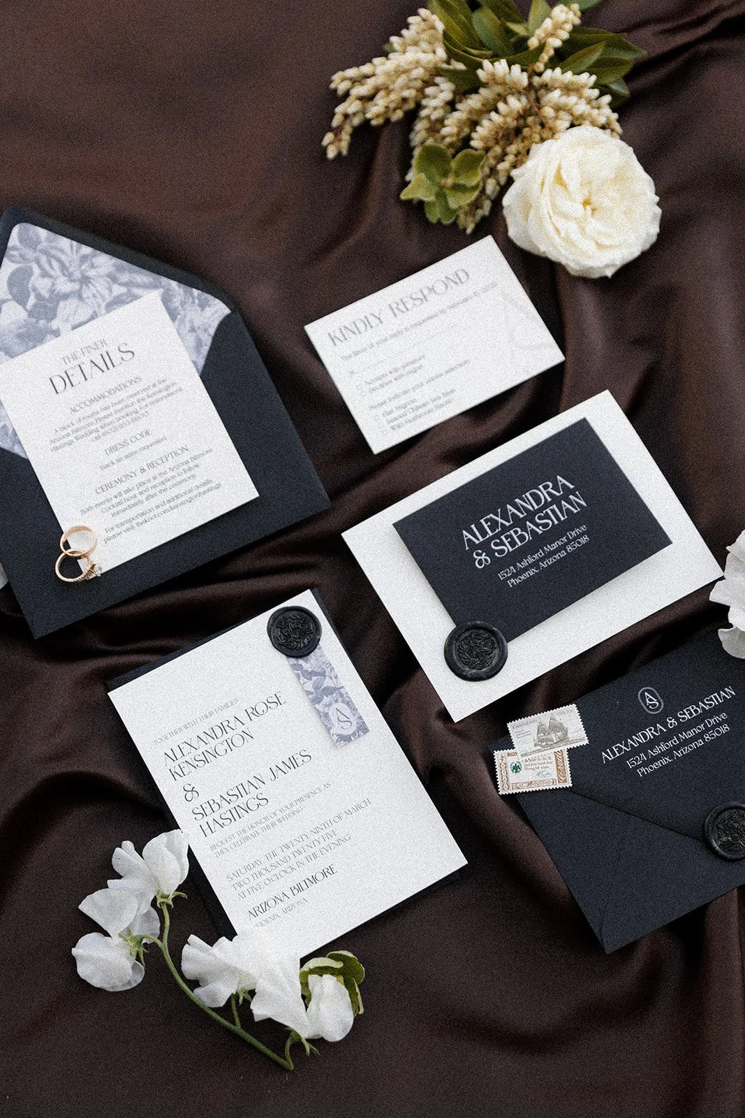 A detail shot of a luxury wedding invitation suite for an Arizona-based wedding, shot at a styled shoot organized by Made Event Co.