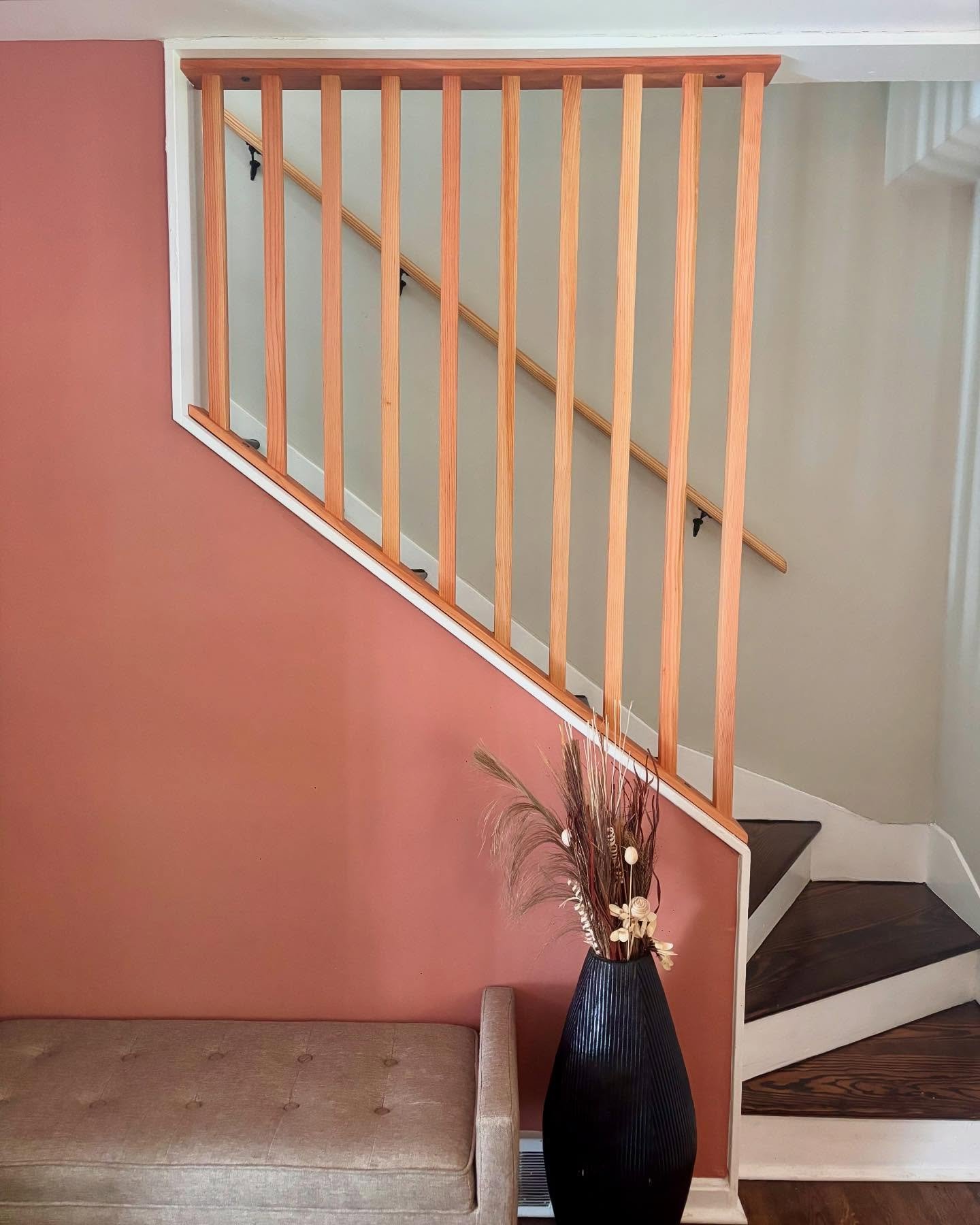 Vito created this custom wood screen and handrail for this staircase that needed a little extra style and safety. Bonus feature: the screen is removable! Nothing to worry about the next time the homeowners need to move a large item up or down the sta