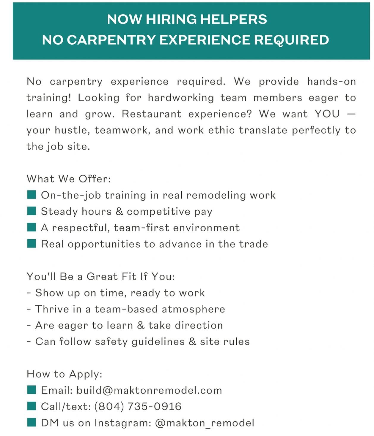 We&rsquo;re hiring! No experience? No problem. We&rsquo;re looking for hard workers with a good work ethic. Apply online or send us a message to apply.