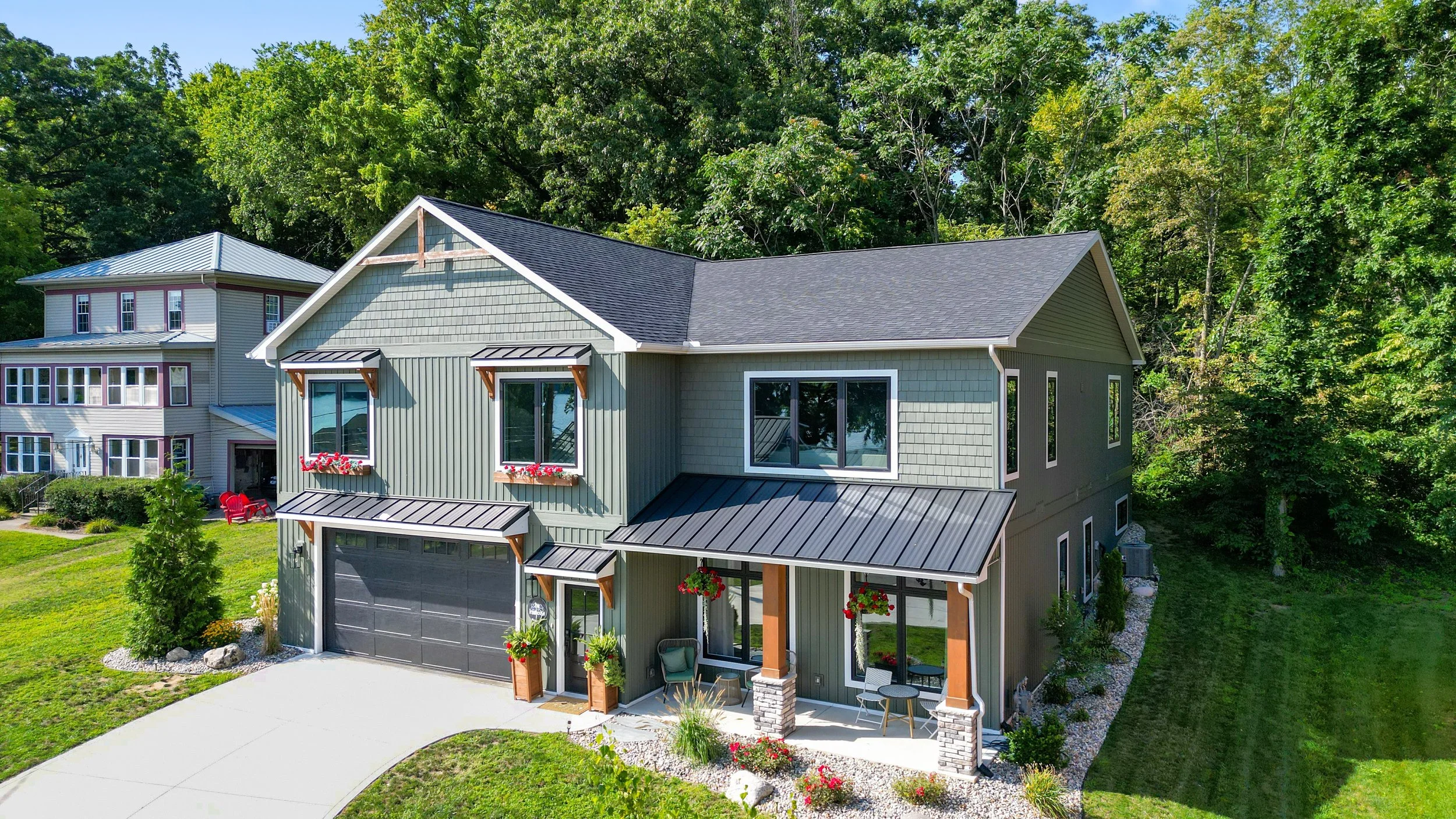 Drone aerial edited real estate photo for home listing for sale with realtor