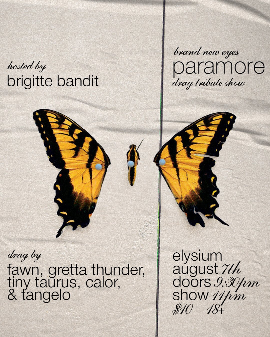 Promotional flyer for Paramore Drag Tribute Show hosted by Brigitte Bandit on August 7th, 2026.