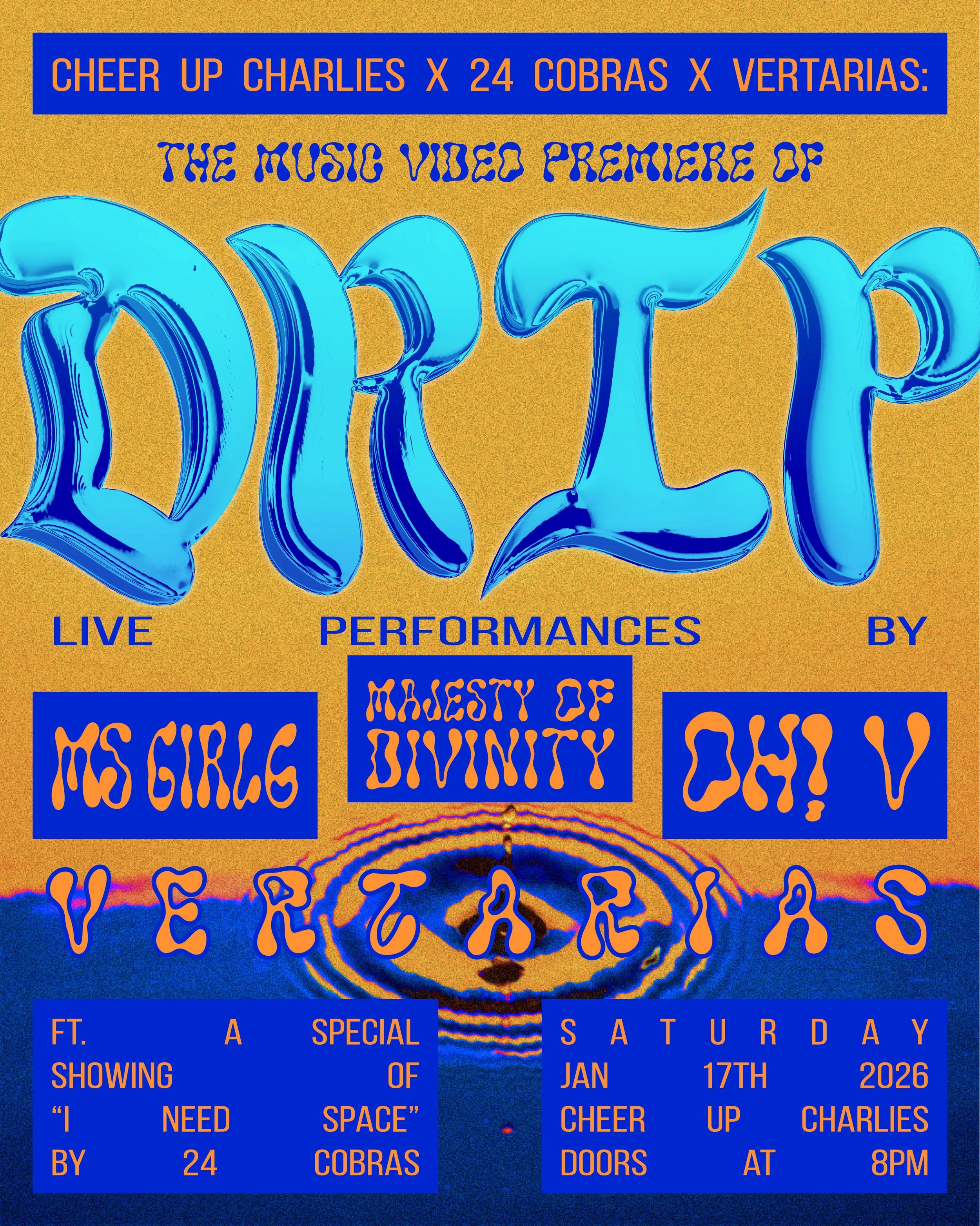Promotional flyer for the music video premiere of "DRIP" by Vertarias on January 17th, 2026.