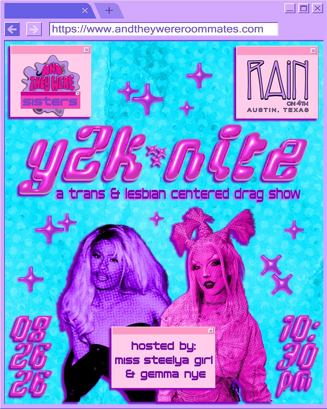 Promotional flyer for Y2K Nite hosted by And They Were Roommates on August 26th, 2026.