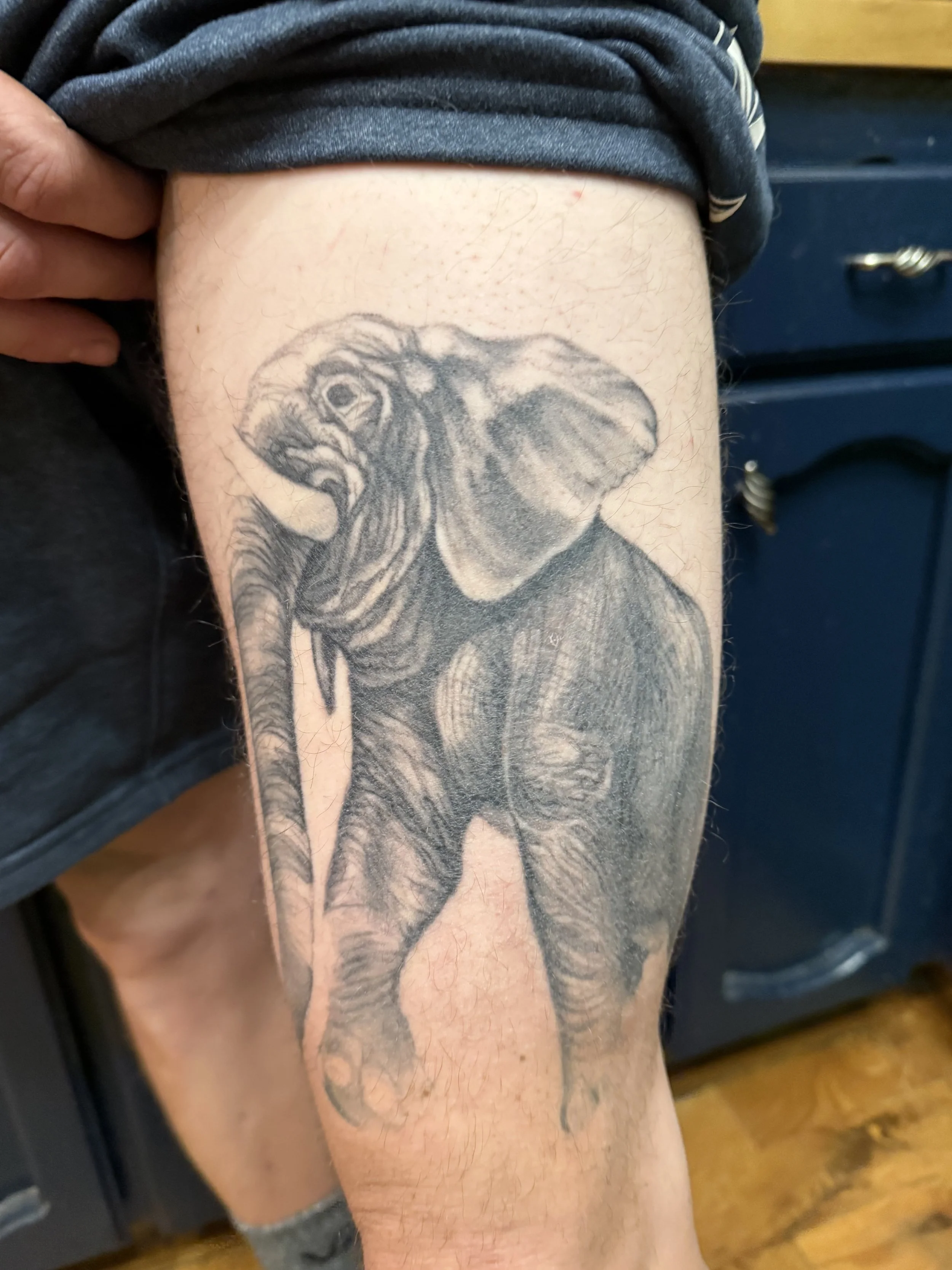 Black and gray ink tattoo of an elephant on a person's thigh.