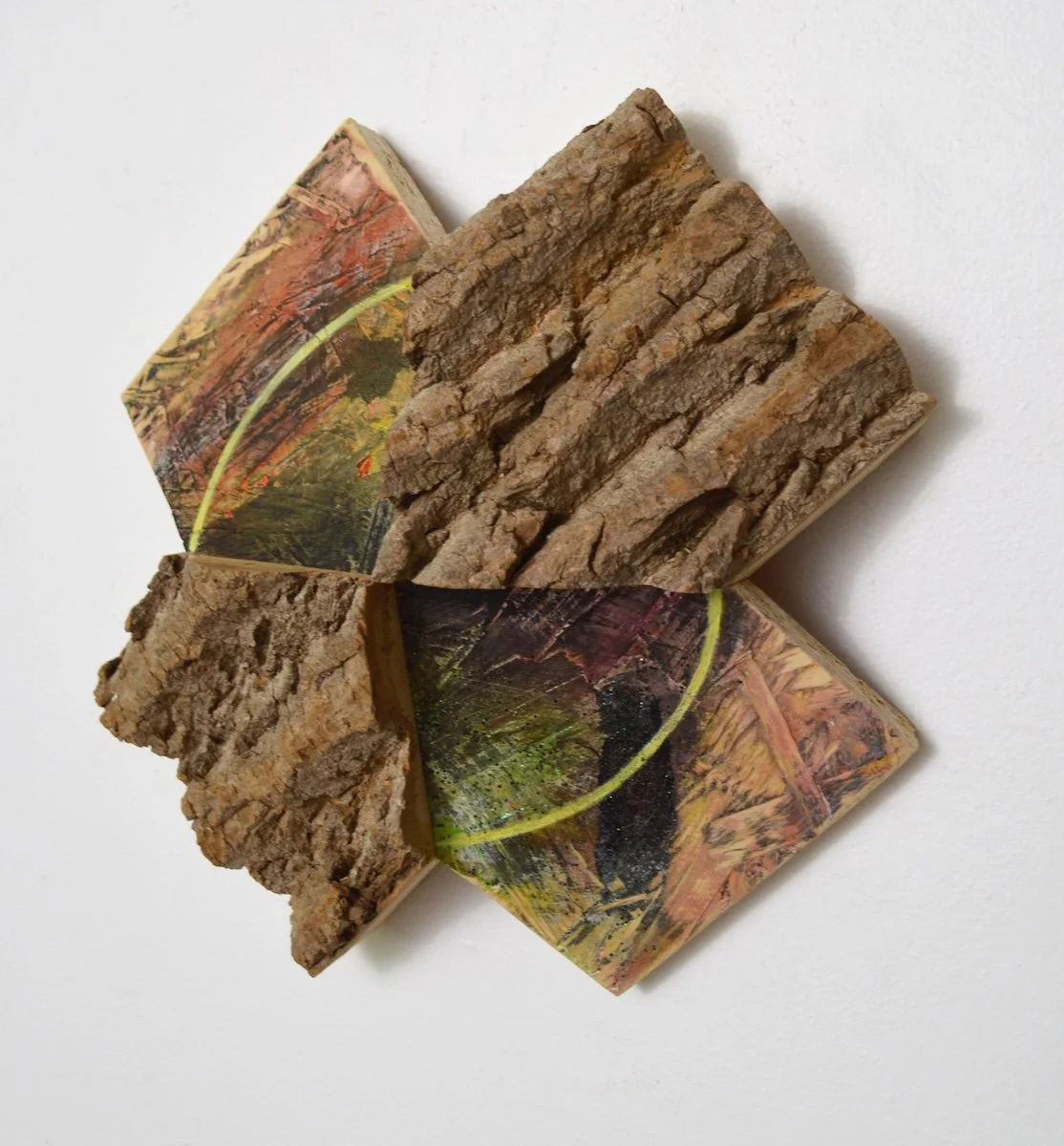 Crossing Series #24, 11x11x5, painted OSB, glitter and bark.jpg