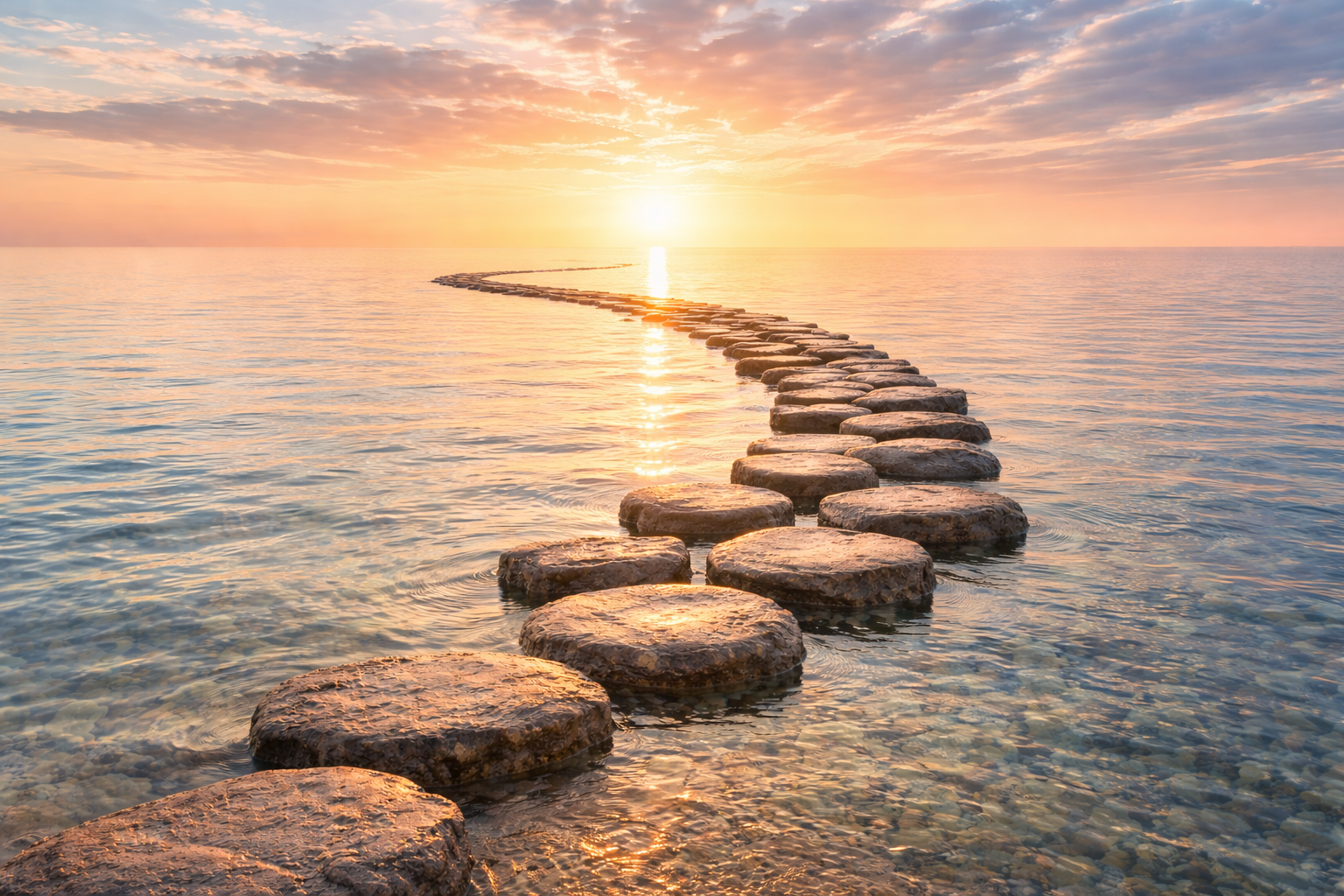 A stone pathway extending into the ocean during sunset, with the sun near the horizon and calm water reflecting the warm colors of the sky.
