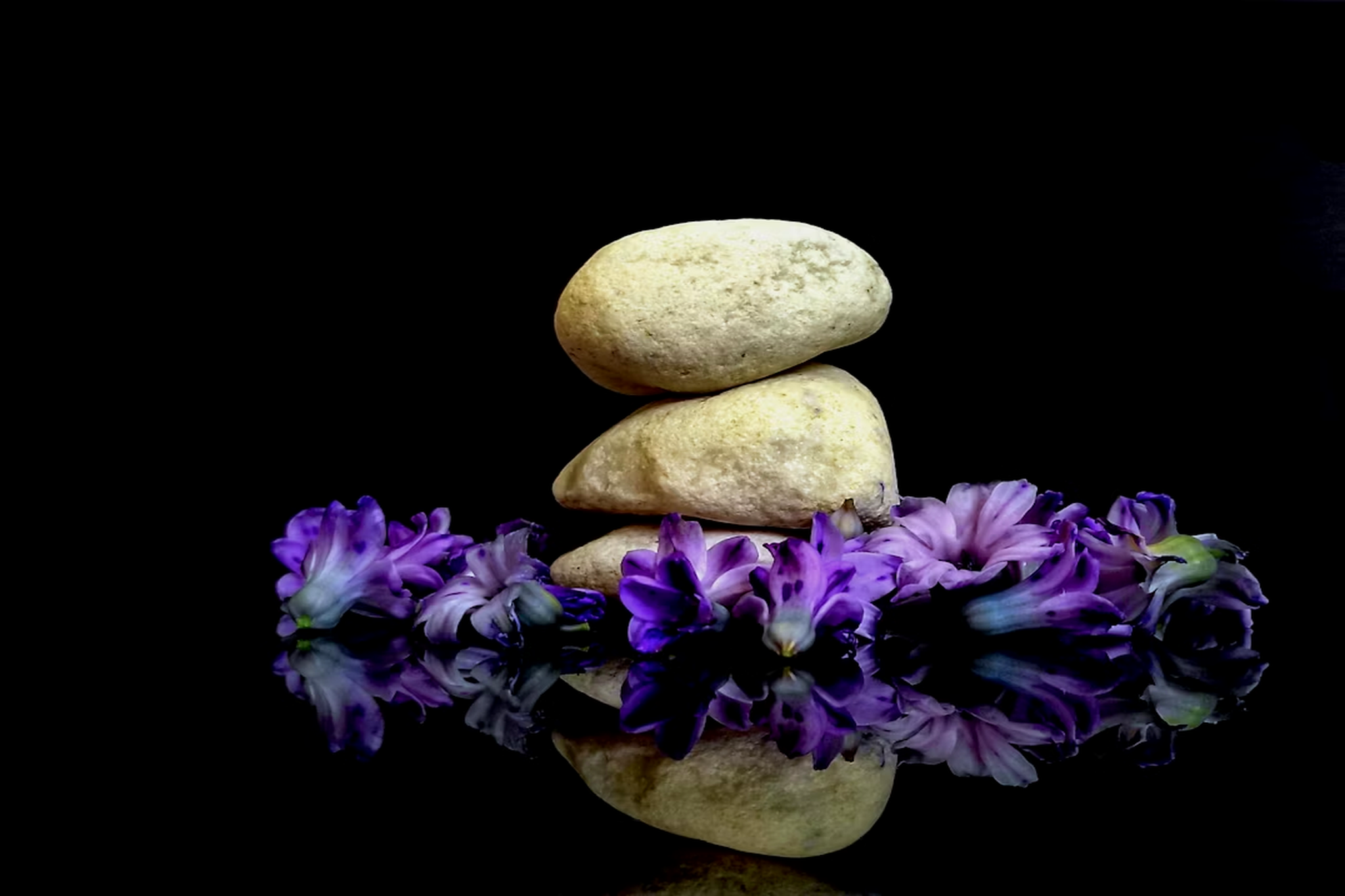 Three stacked white stones on a reflective black surface, surrounded by purple flowers
