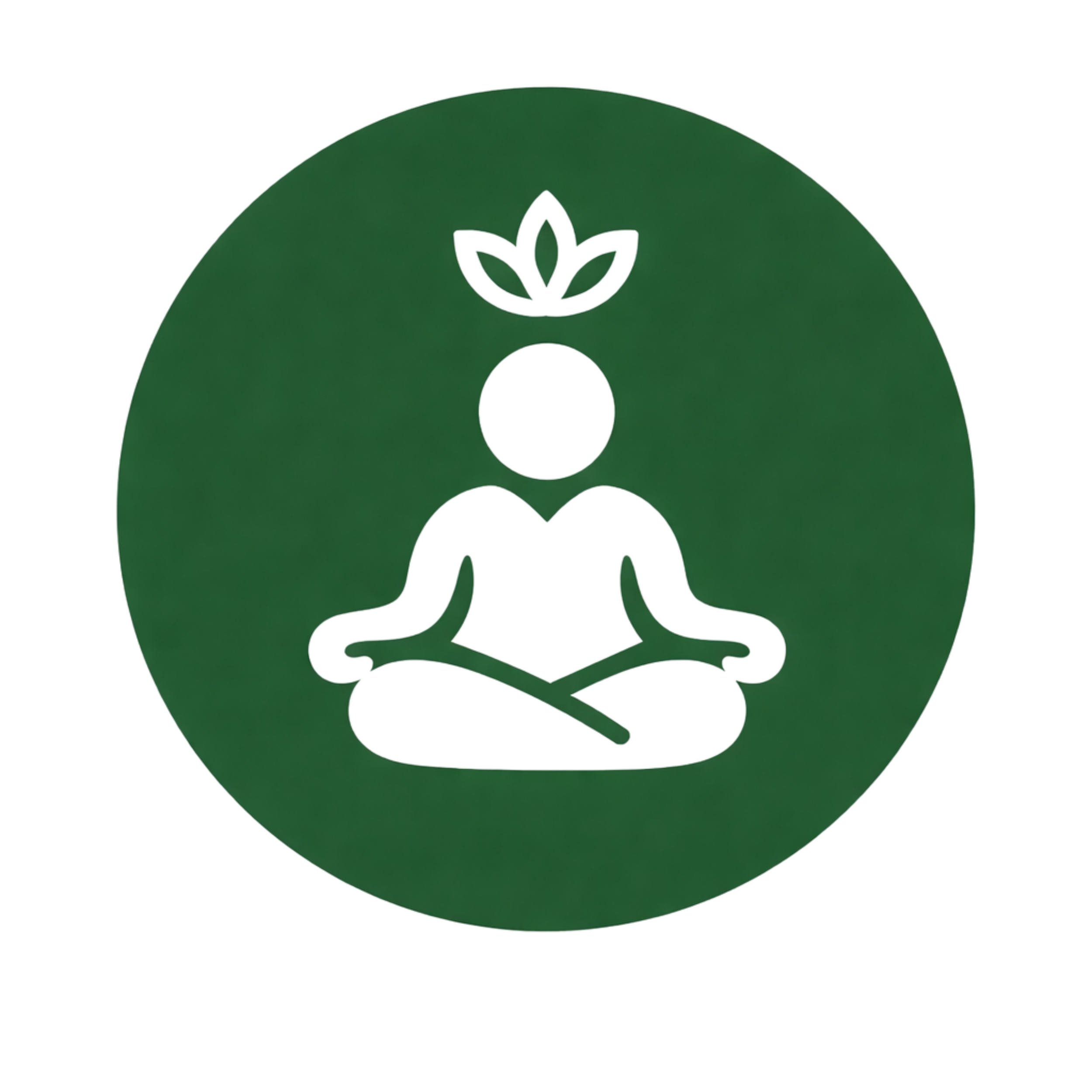 Green circular icon with a silhouette of a person sitting in a meditative pose, a leaf emerging from the head, representing meditation, mindfulness, or wellness.