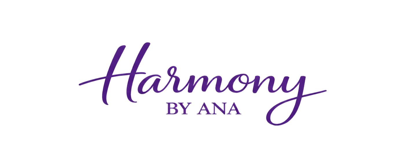 Purple text on black background reads 'Harmony by Ana' in elegant cursive font.