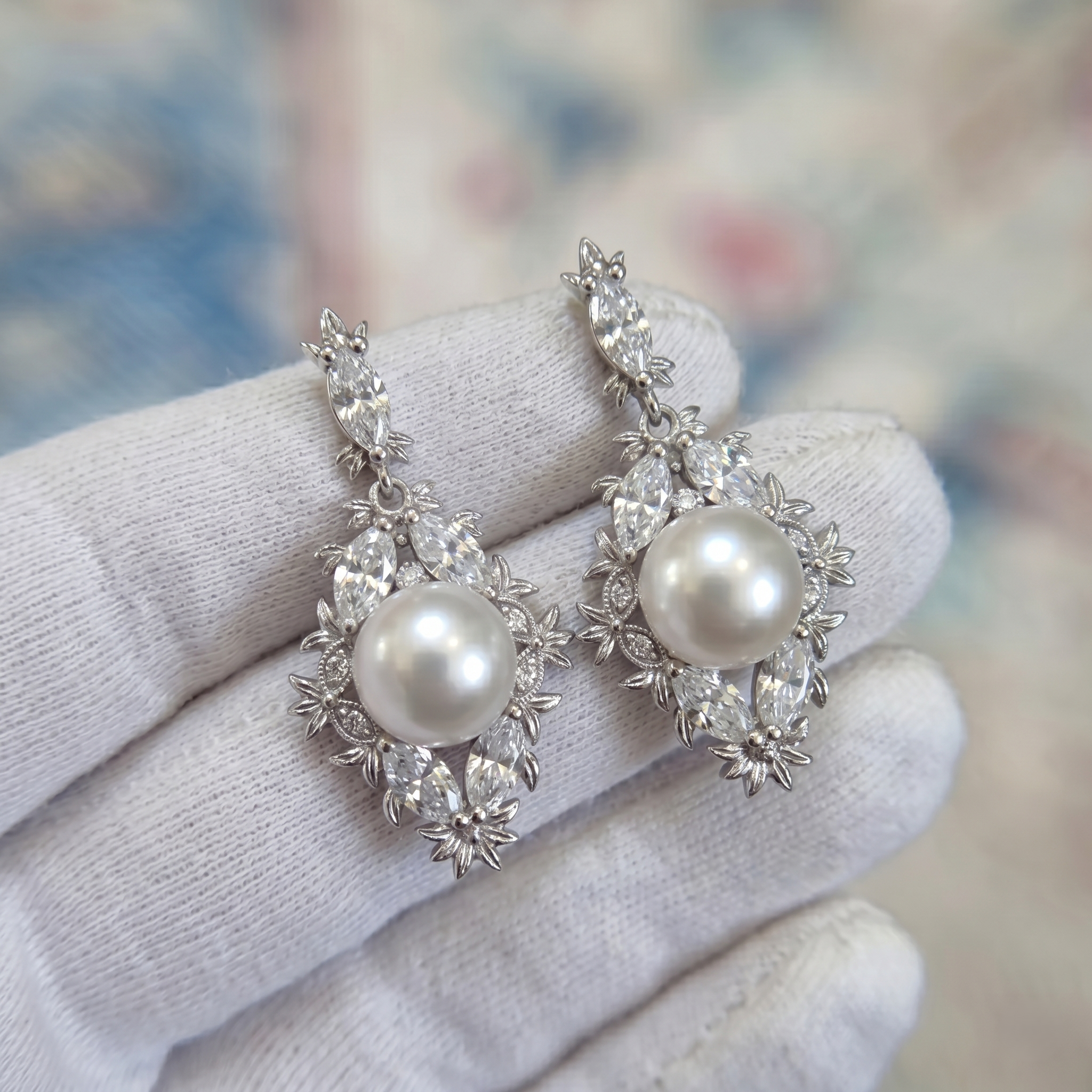 White Gold Diamond and Pearl Earrings - Prosper Tx