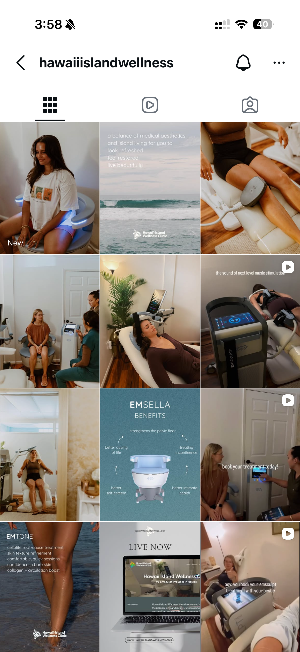 A collage of images showing wellness treatments at Hawaii Island Wellness Clinic, including cryotherapy, EMSculpt, and other health and beauty services, with views of a beach and clinic interior.