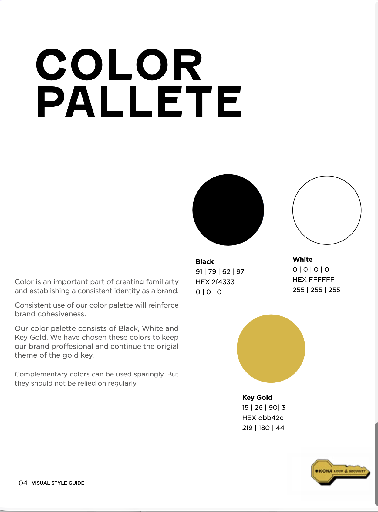 A color palette guide displaying black, white, and key gold with their color codes and descriptions on a white background, with text explaining the importance of color in branding and color usage recommendations.