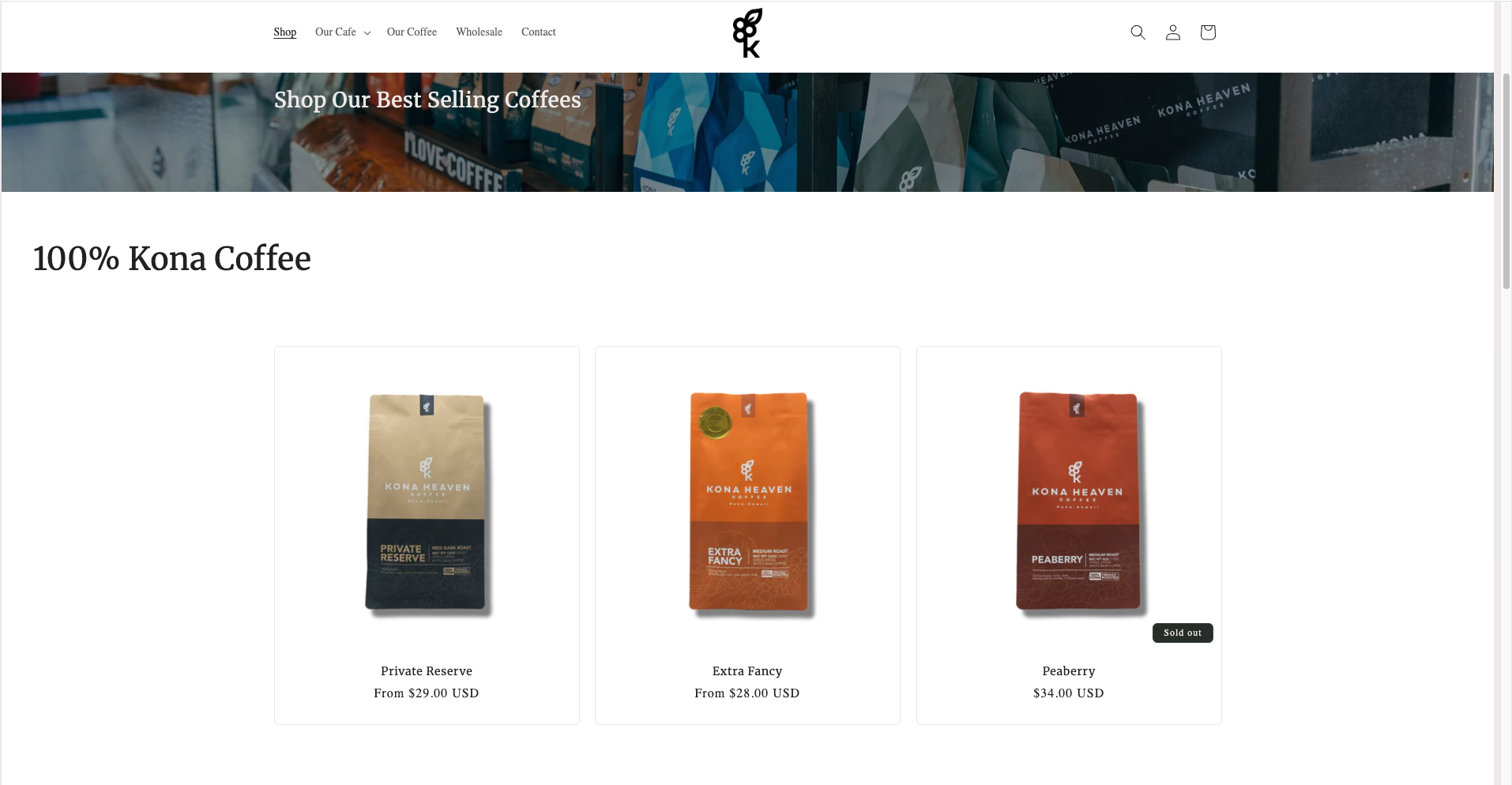 Screenshot of a website offering various Kona Coffee bags, including Private Reserve, Extra Fancy, and Peaberry, with prices from $28.00 to $34.00, with the Peaberry marked as sold out.