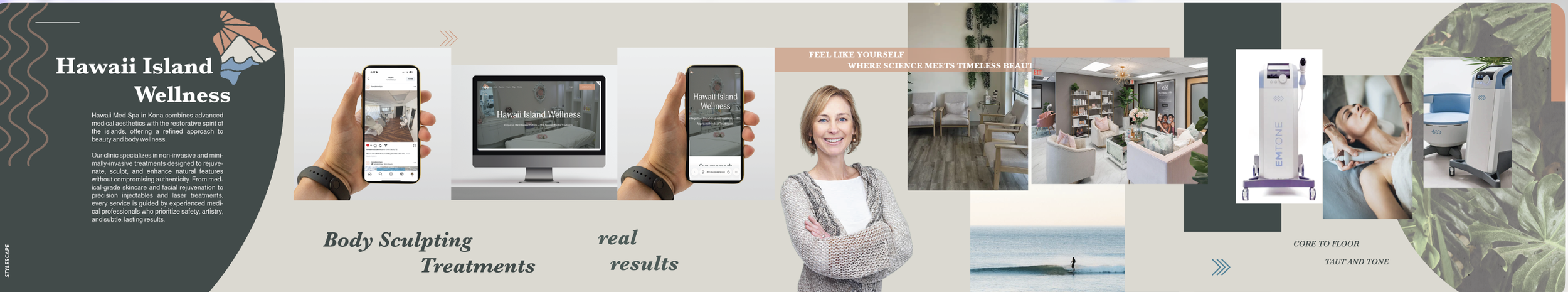 Digital collage promoting Hawaii Island Wellness, showing smartphones and a computer displaying images of a wellness clinic, a smiling woman, a spa reception area, and medical equipment, with text about wellness treatments and results.