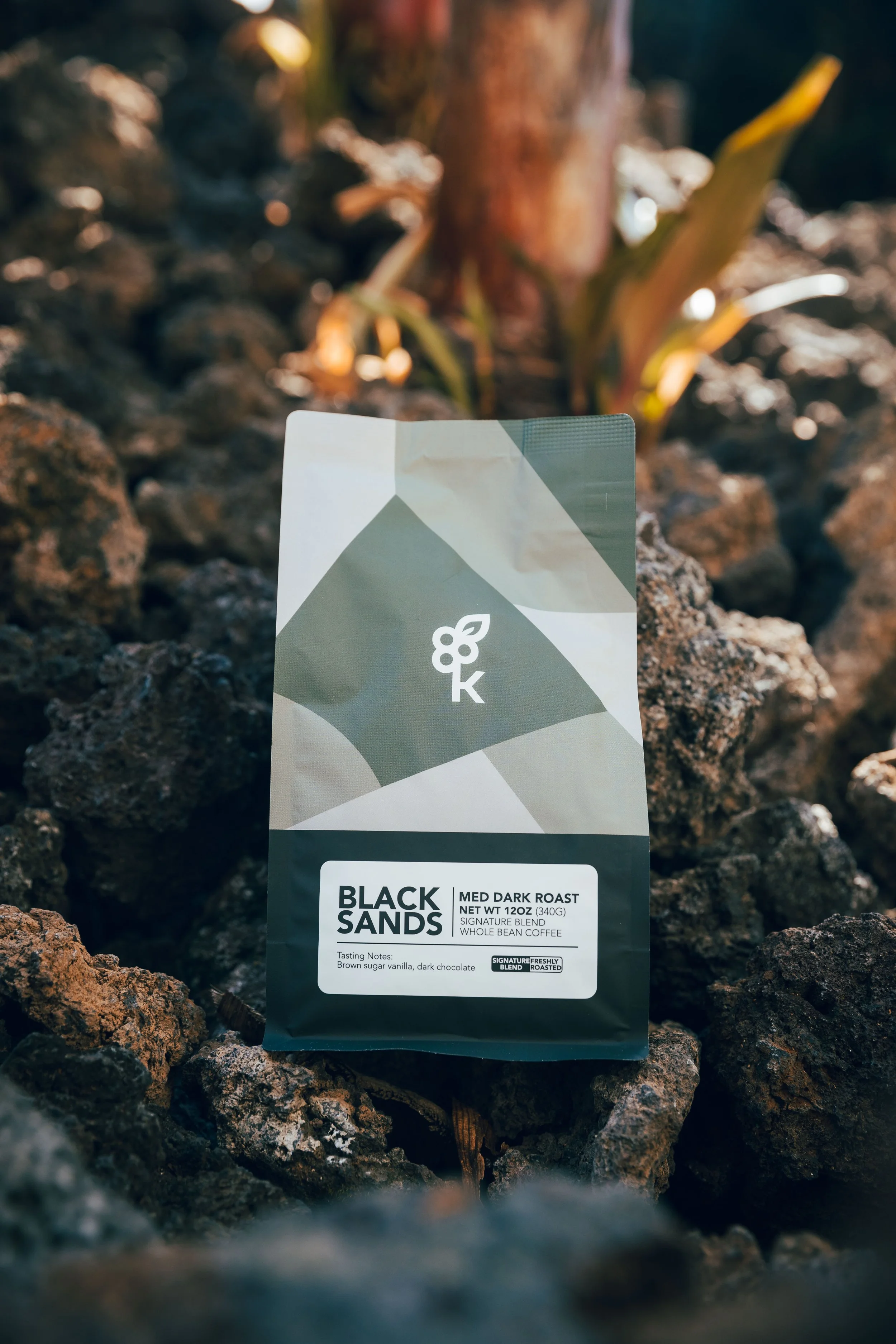 A bag of Black Sands whole bean coffee placed on rocks in a natural outdoor setting with plants and a tree in the background.