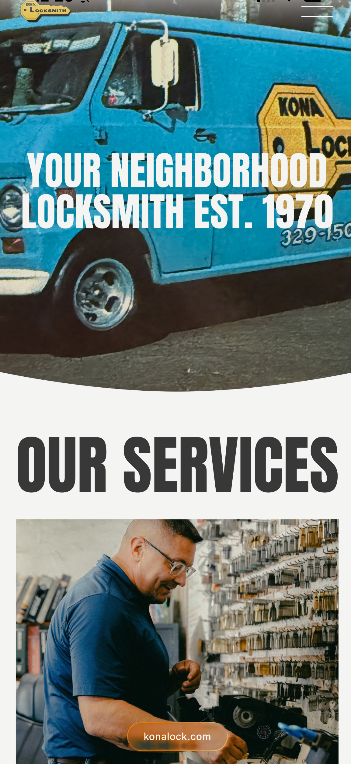 A vintage blue locksmith van with a 'Kona Locksmith' sign and logo, parked on the street, with text overlay stating 'Your neighborhood locksmith est. 1970'. Below, there's a man with glasses working with locks inside a store, surrounded by various keys and locksmith tools.