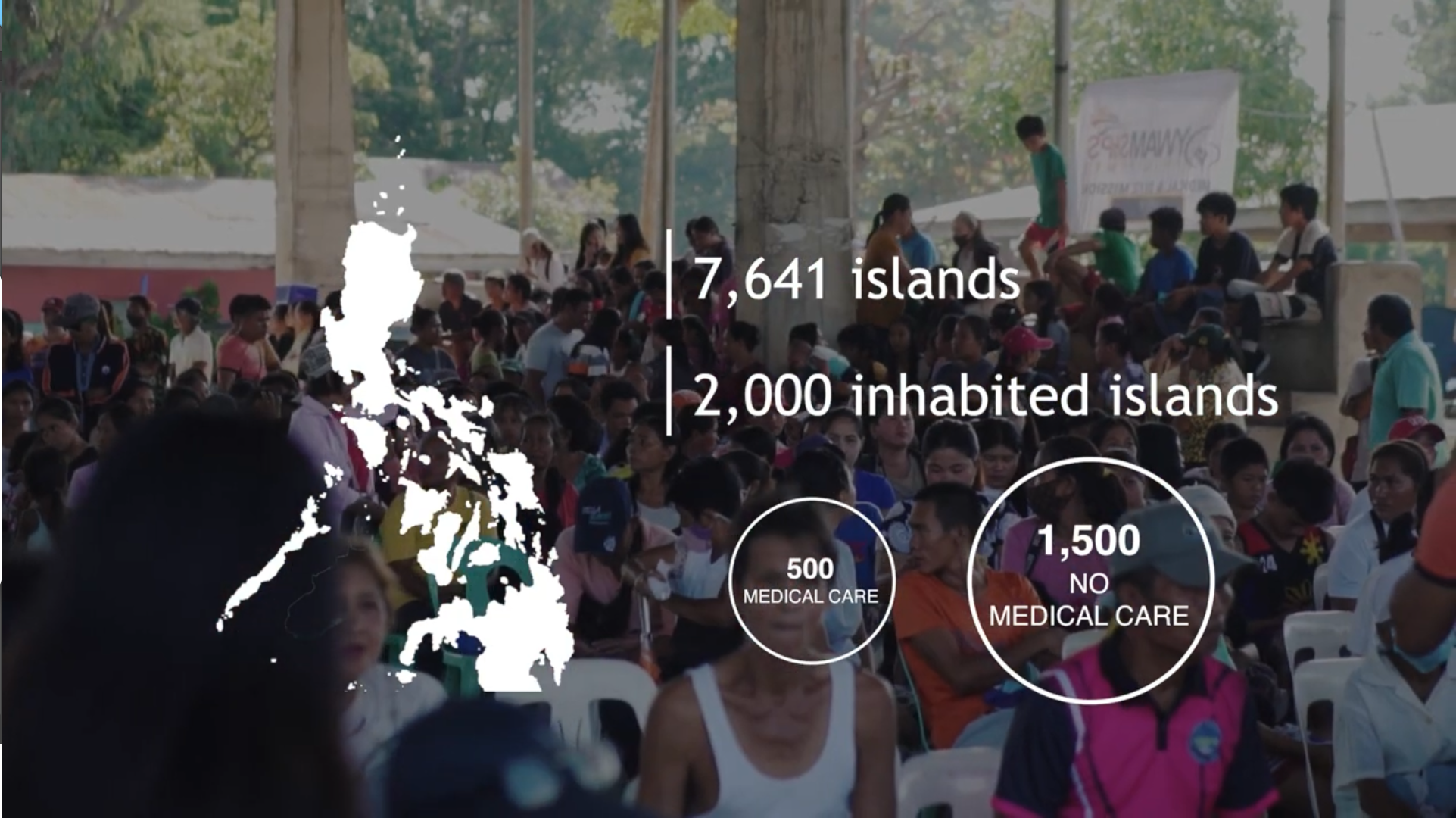 A large crowd of people gathered at an indoor event, with some seated and others standing, under a roof with open sides, and a map of the Philippines with statistics about islands and inhabited islands overlaid.