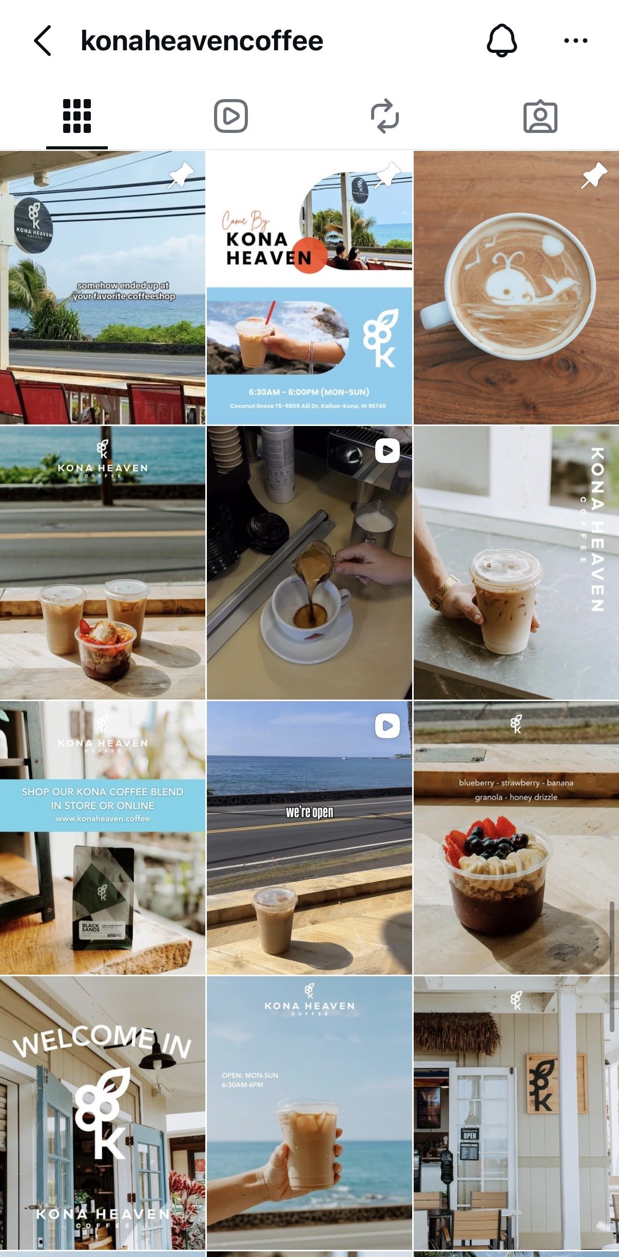 Instagram grid of pictures showing Kona Heaven coffee shop, beverages, and seaside views, including iced coffee, coffee with latte art, and outdoor scenery.