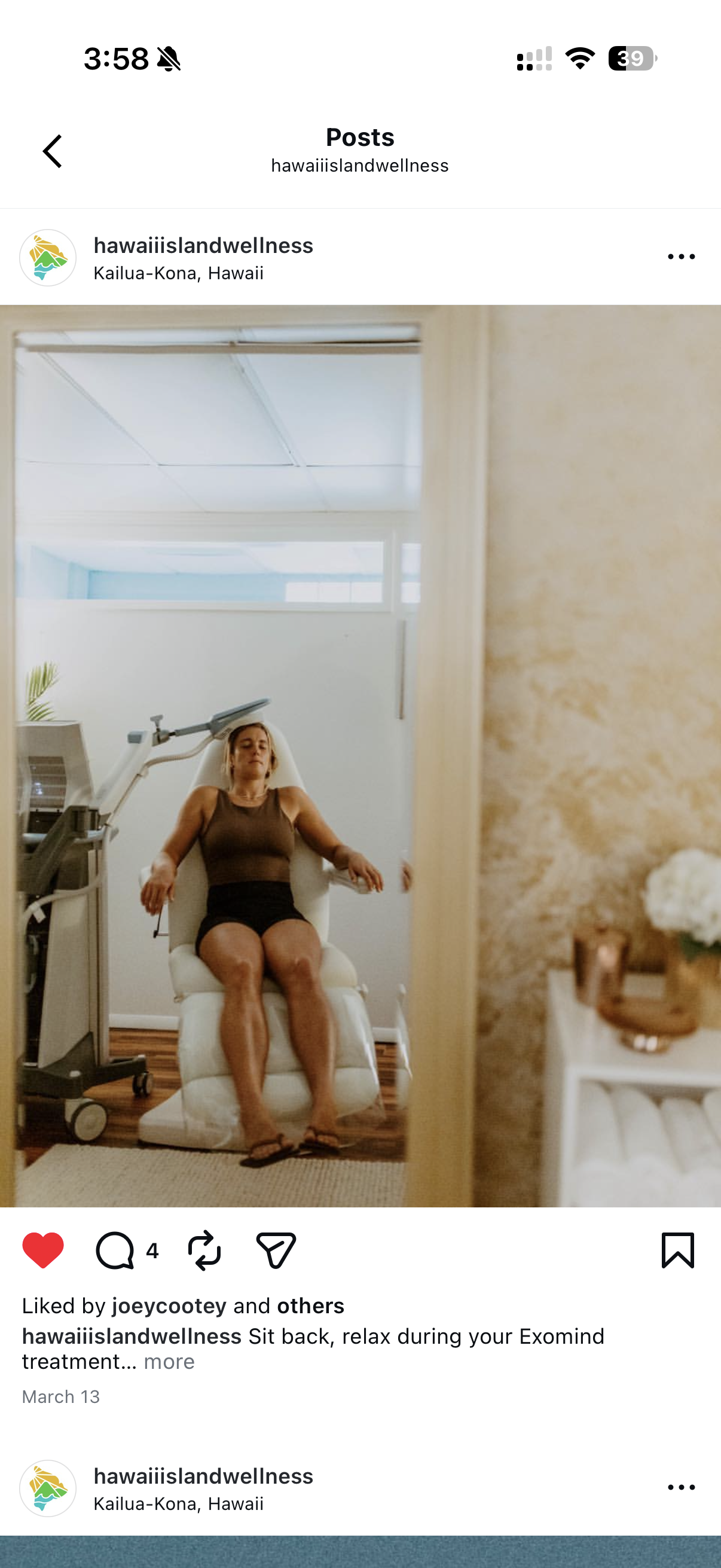 A woman sitting back and relaxed in a treatment chair during an Exomind therapy session at a wellness center in Kailua-Kona, Hawaii.