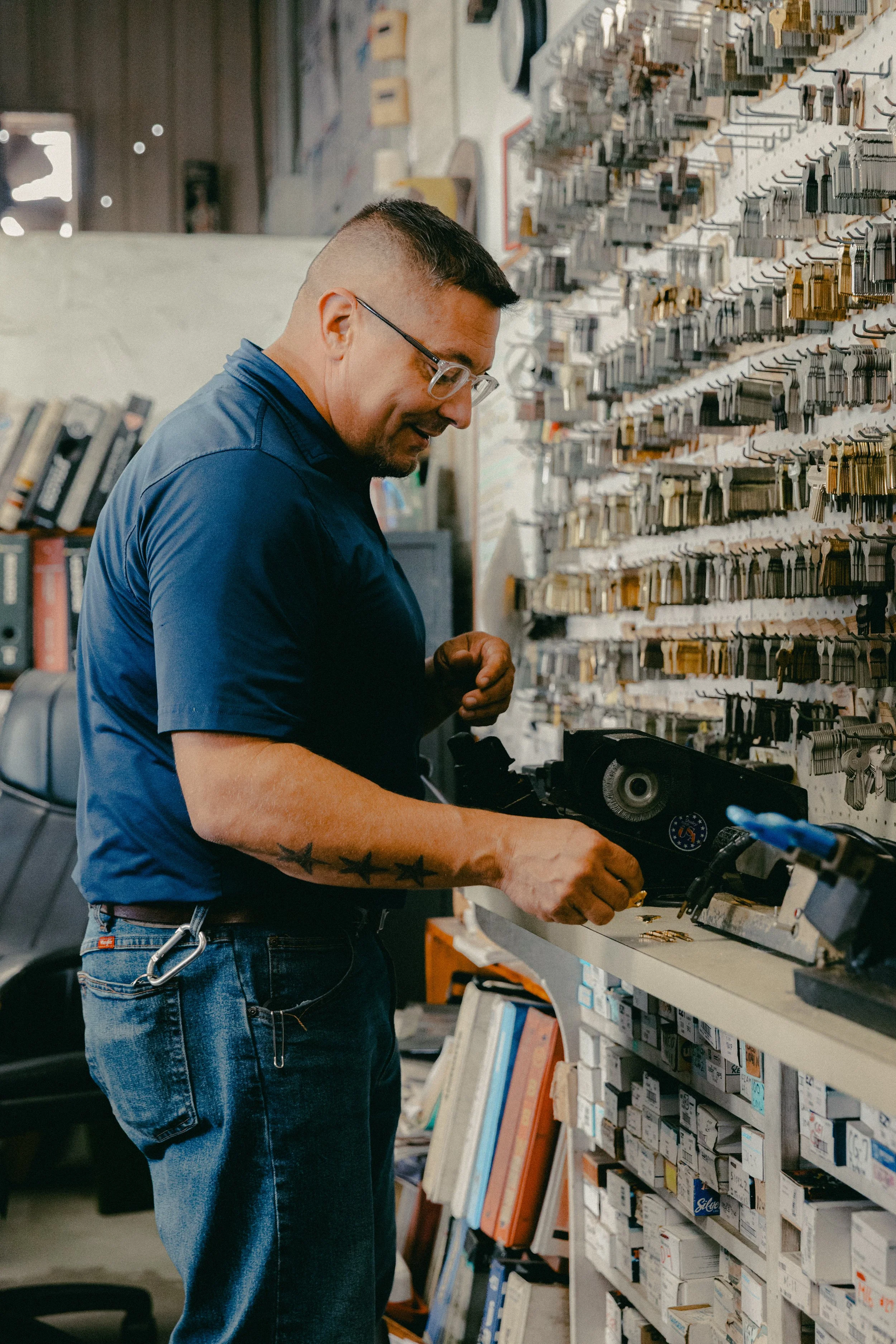 A man with glasses and tattoos on his arm organizing small hardware parts on a white shelf in a hardware store.