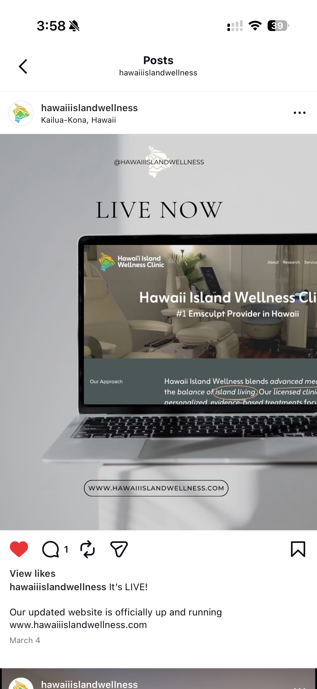 Screenshot of Hawaii Island Wellness Clinic's website on a laptop, with text indicating the clinic is live now and details about their services, located in Kailua-Kona, Hawaii.