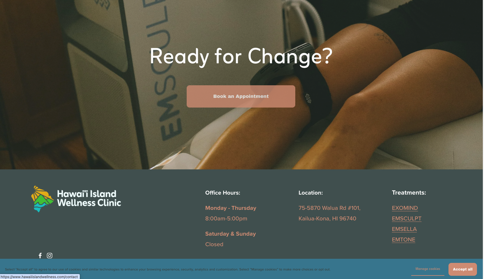 Website homepage for Hawaii Island Wellness Clinic featuring a person receiving a treatment, with a button to book an appointment, the clinic's logo, office hours, location, and treatment options listed.