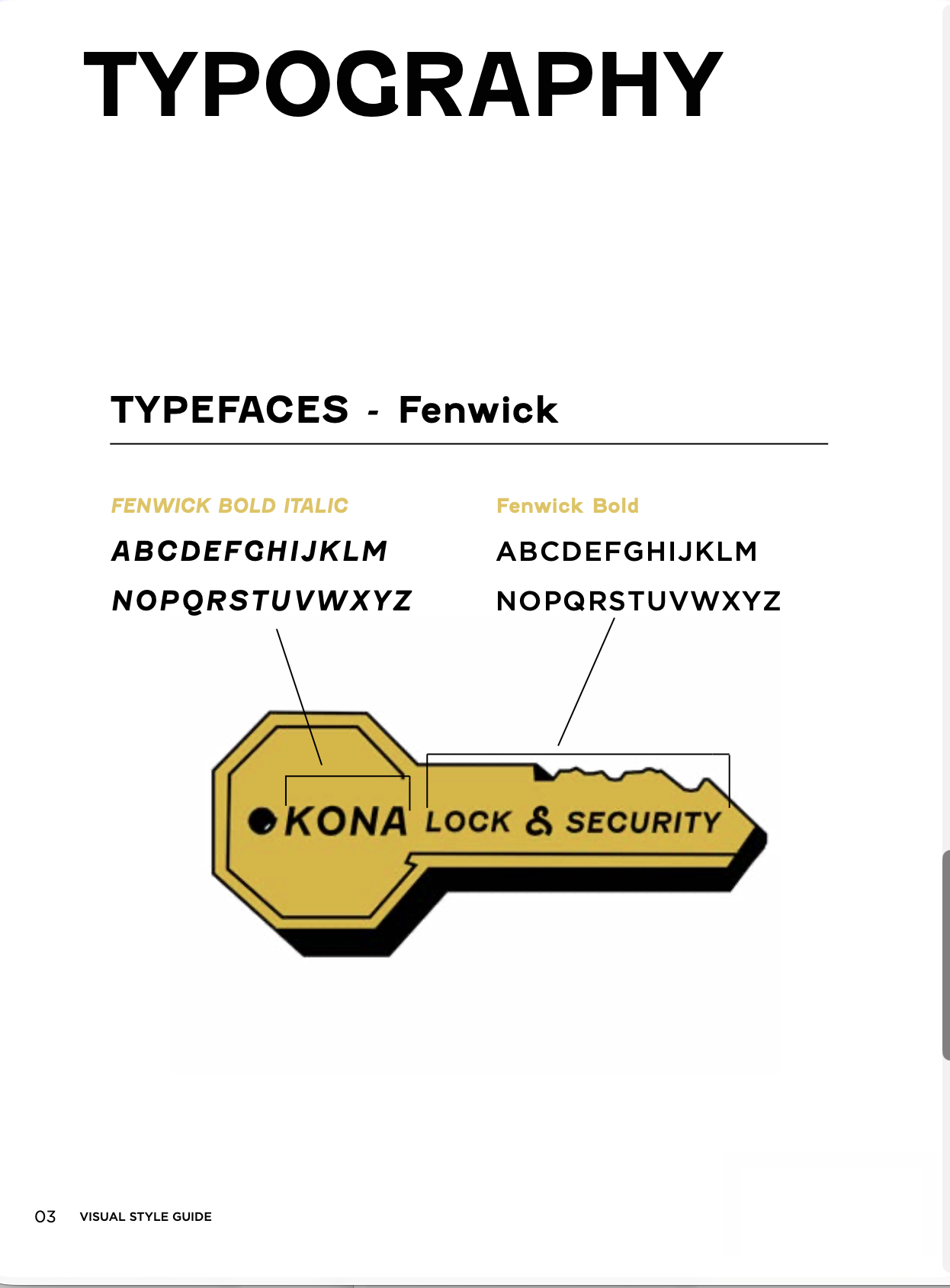 Page from a visual style guide displaying typography examples for the Fenwick typeface, showing bold italics and bold styles with sample alphabets and a yellow key graphic labeled 'KONA Lock & Security'.