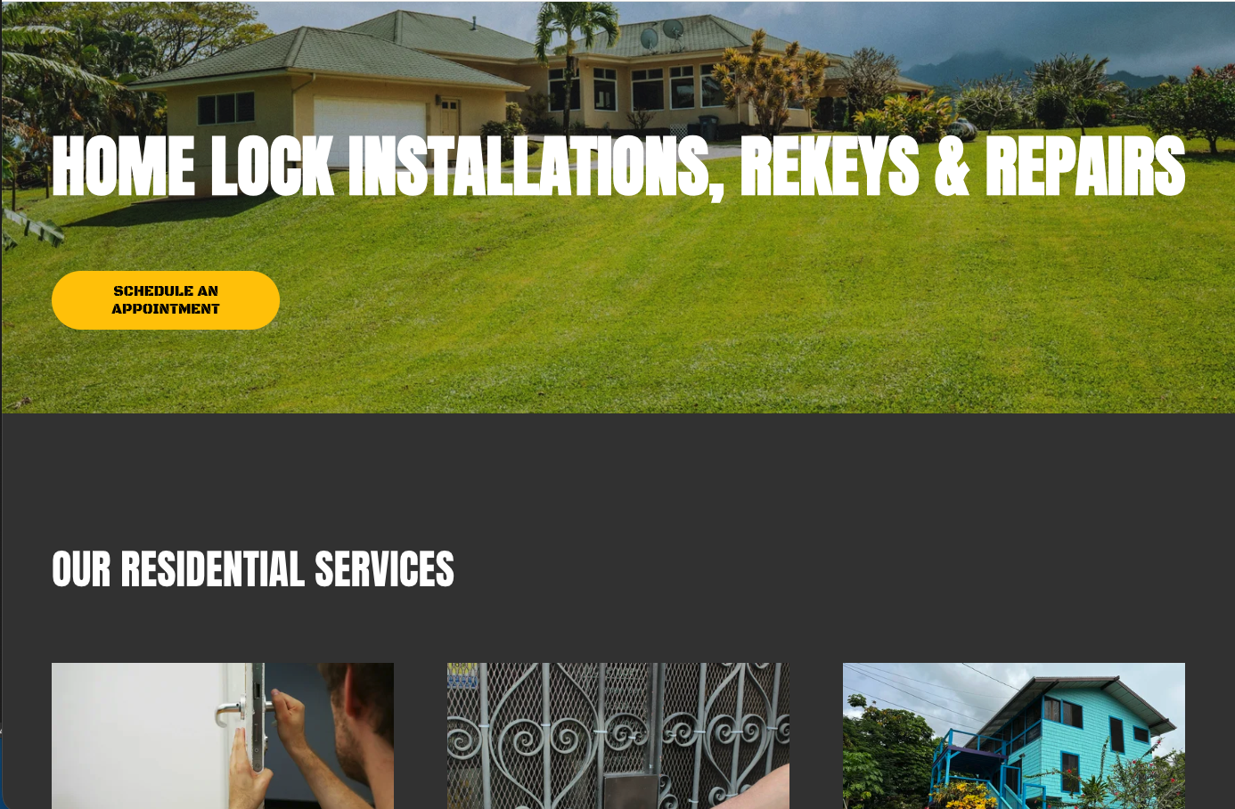Homepage banner of a home security service website with a green lawn, house in the background, and bold white text that reads 'Home Lock Installations, Rekeys & Repairs'. A yellow button labeled 'Schedule an Appointment' is on the left side. Below is